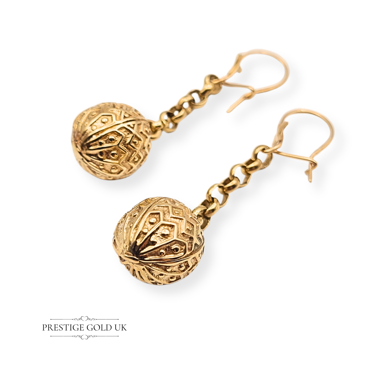9ct Gold Textured Drop Ball Earrings Unique Ladies Dangle Earrings 44mm long