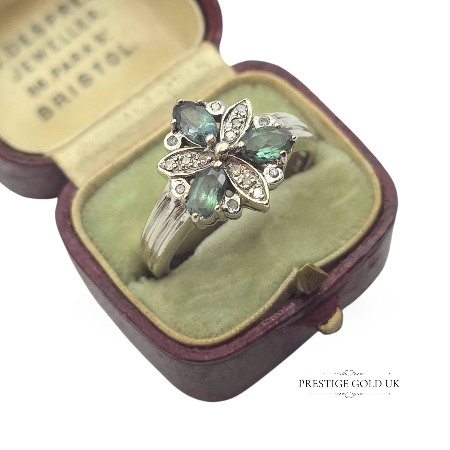 Vintage 14ct White Gold Tourmaline & Diamond Ring - UK N 1/2, US 7 - CLEARANCE