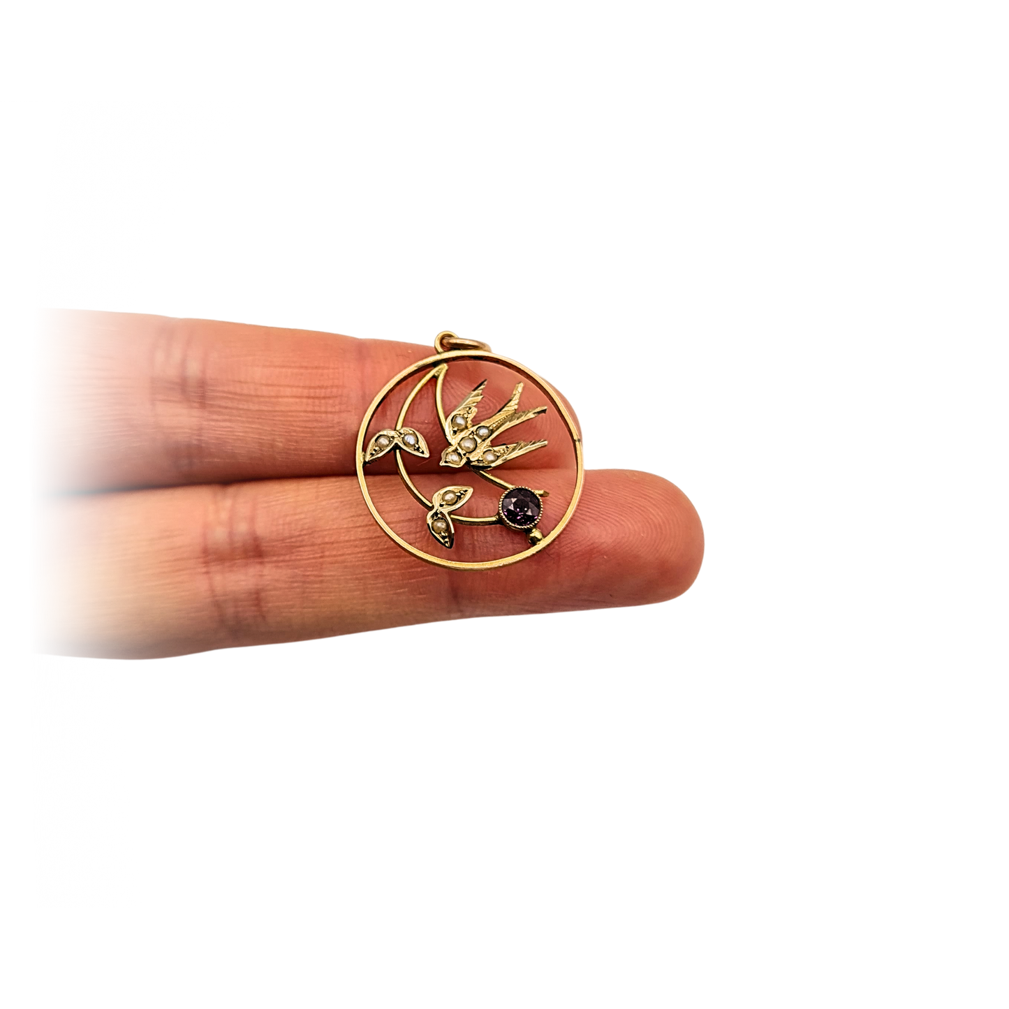 Antique 9ct Gold Swallow Pendant, Pearl Garnet, Stamped 9ct