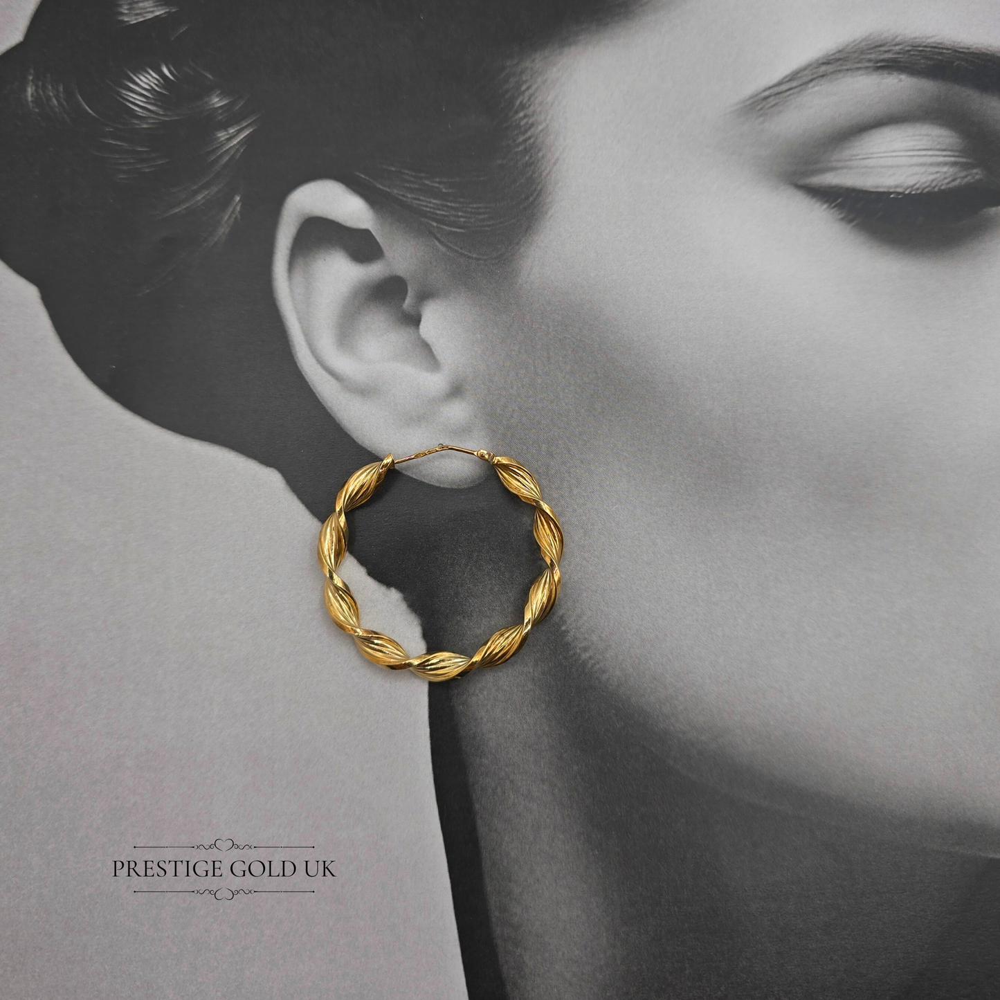 Large Vintage 9ct Gold Twisted Hoop Earrings, 40mm Hollow Hoops, Stamped 375, Flip Top Clasp, 5mm Wide Lightweight Statement Earrings,