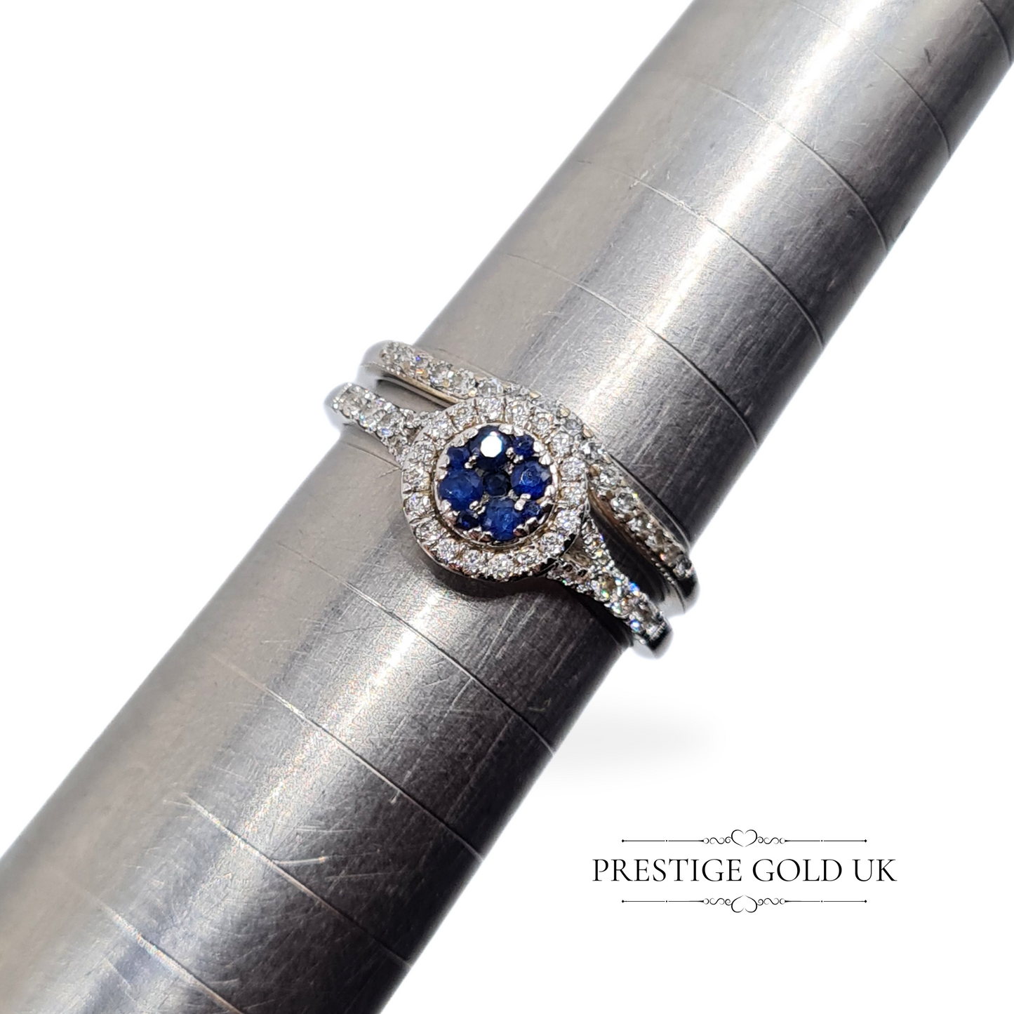 18ct White Gold Sapphire and Diamond Halo Engagement Ring & Wedding Band Set