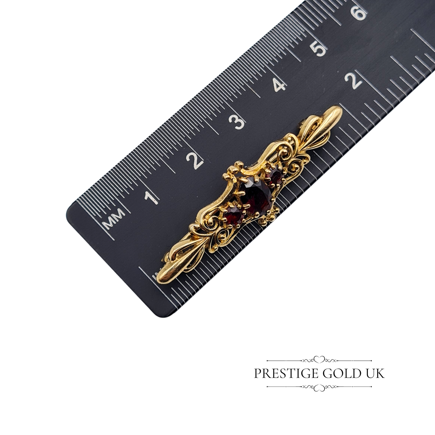 Vintage 9ct Gold Garnet Brooch, Fully Hallmarked, London 1989, Ornate Scrollwork