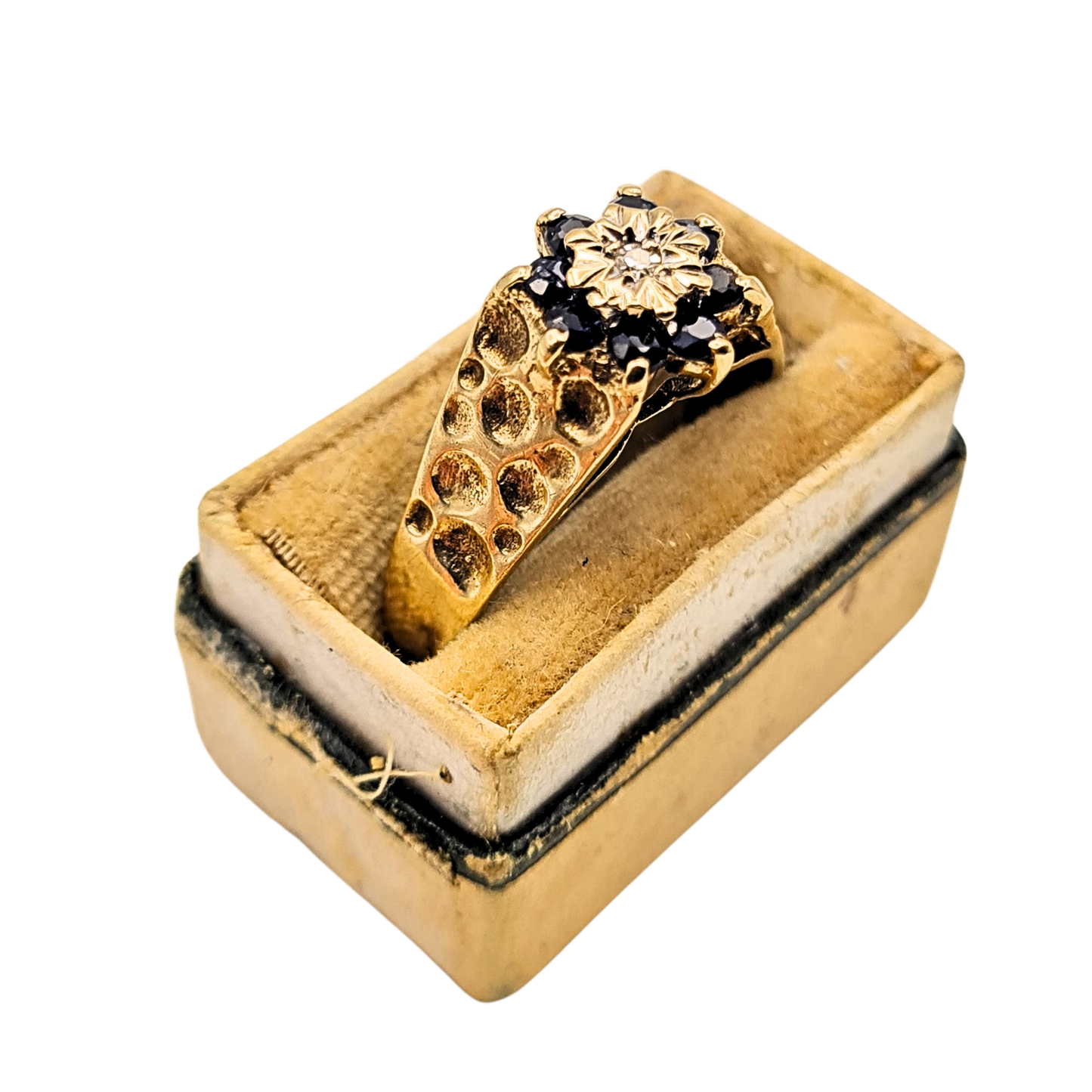9ct Gold Diamond Sapphire Ring, UK Q US 8, London 1972
