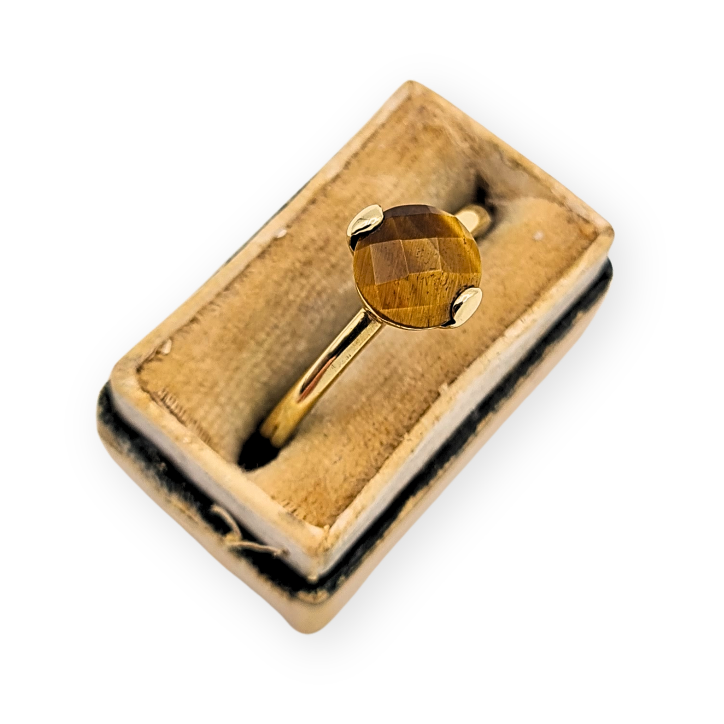 9ct Gold Tiger’s Eye Solitaire Ring, UK N / US 6.75, Faceted Round Gemstone