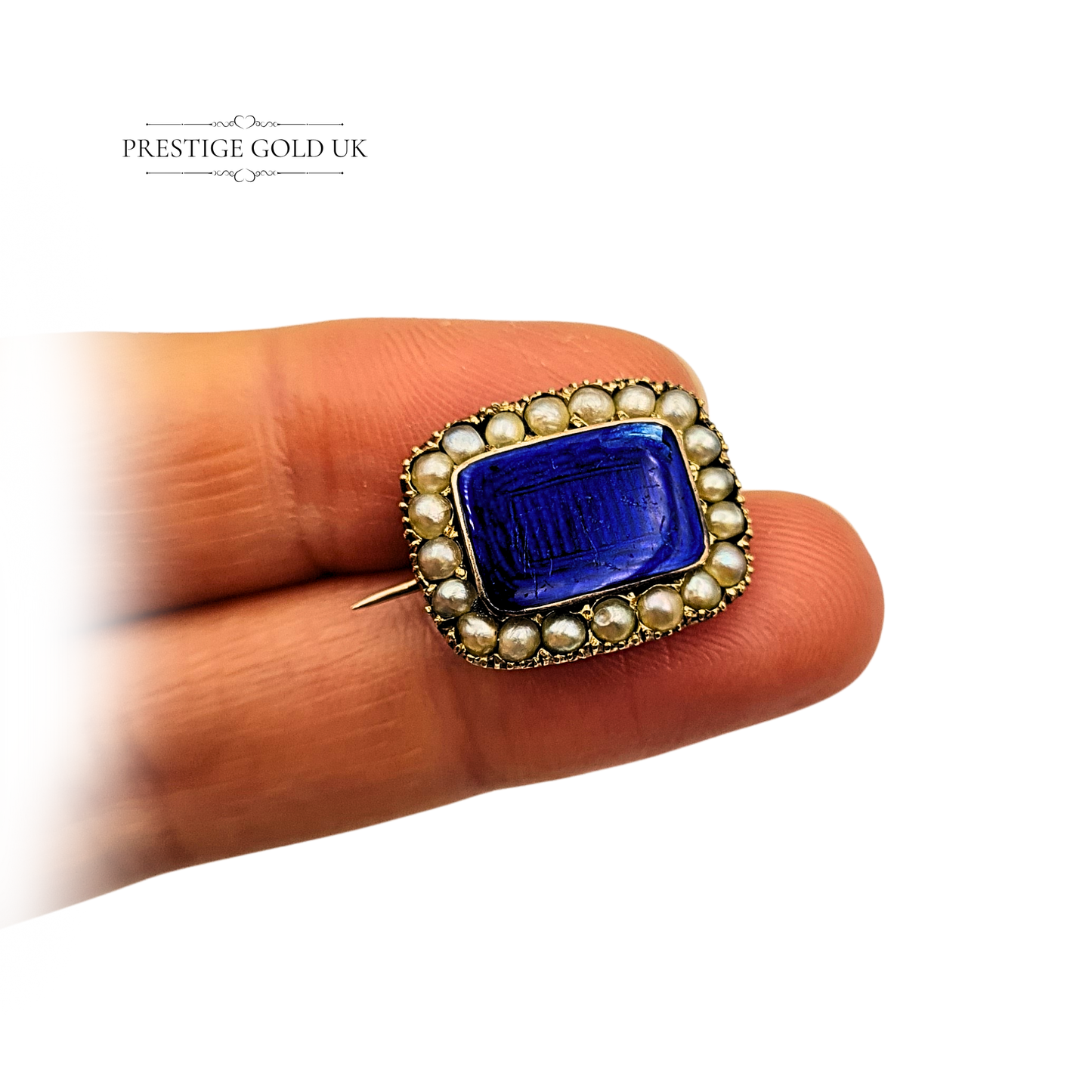 Clearance Item Small 9ct Gold Antique Brooch, Blue Enamel & Natural Pearls