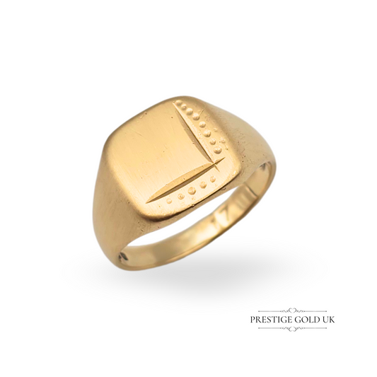 Vintage 9ct solid gold signet ring with 1976 London hallmark, brushed matte finish and minimal dot and line design, UK T size, 6.5g weight.