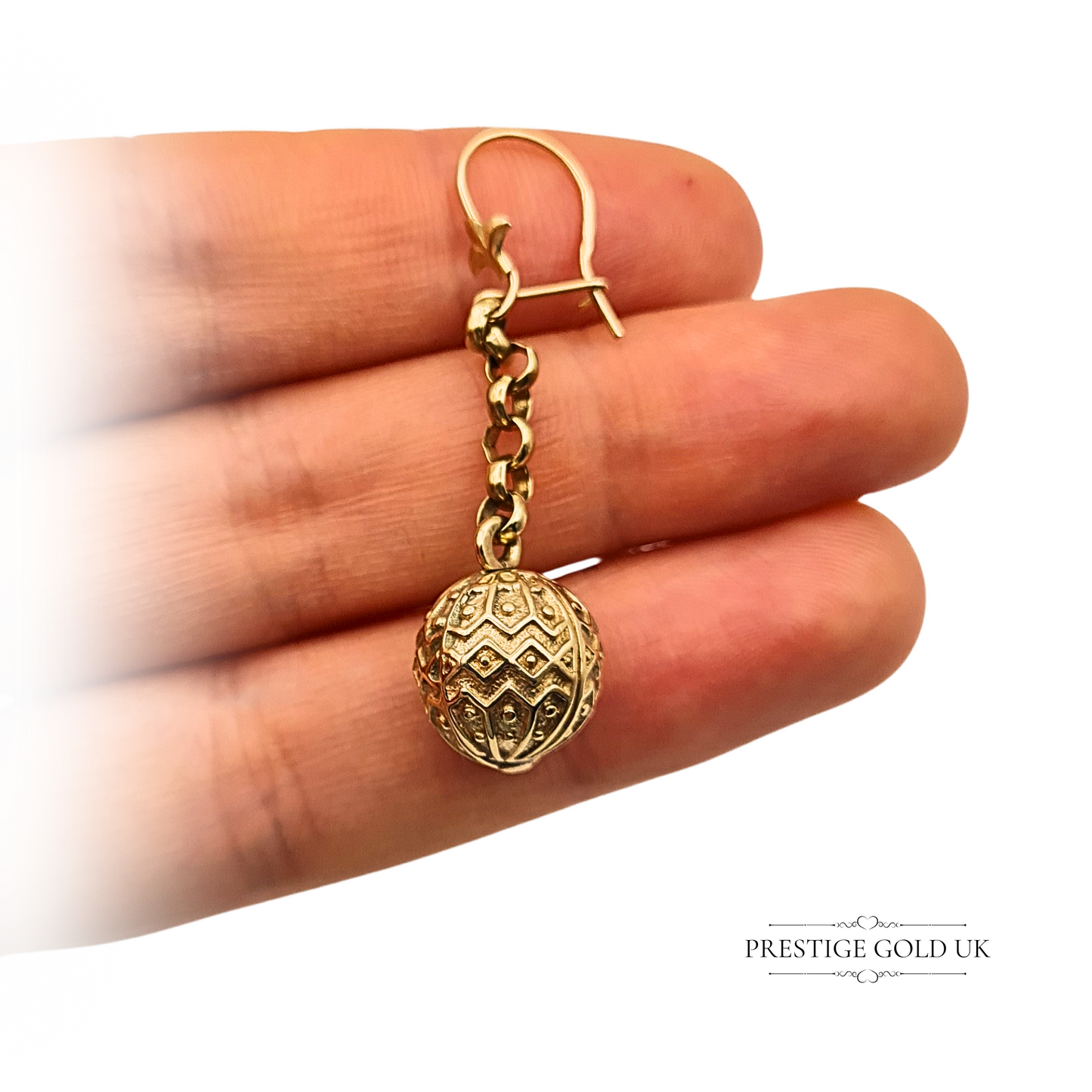 9ct Gold Textured Drop Ball Earrings Unique Ladies Dangle Earrings 44mm long