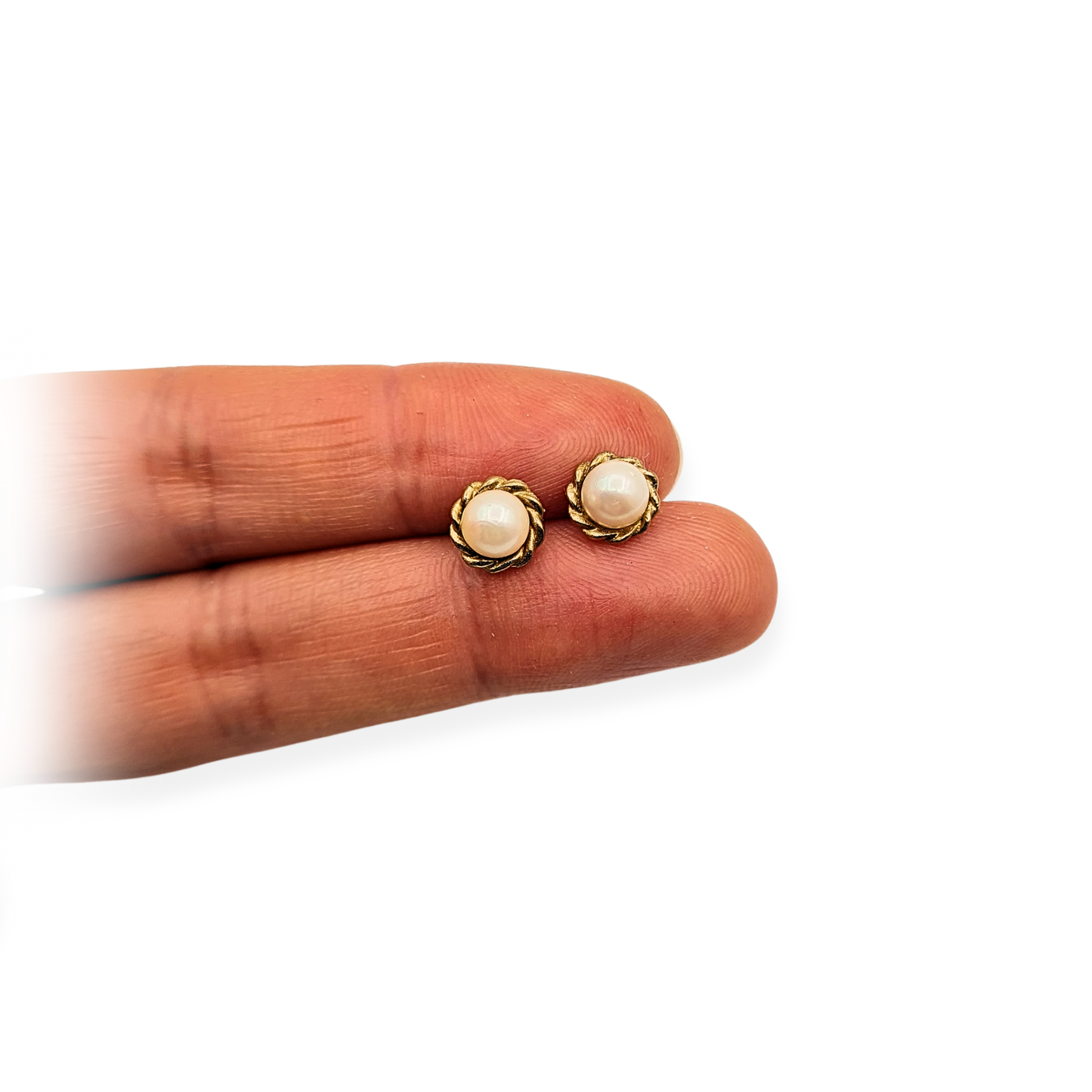 9ct Gold Pearl Stud Earrings, Rope Edge, Dainty Jewellery