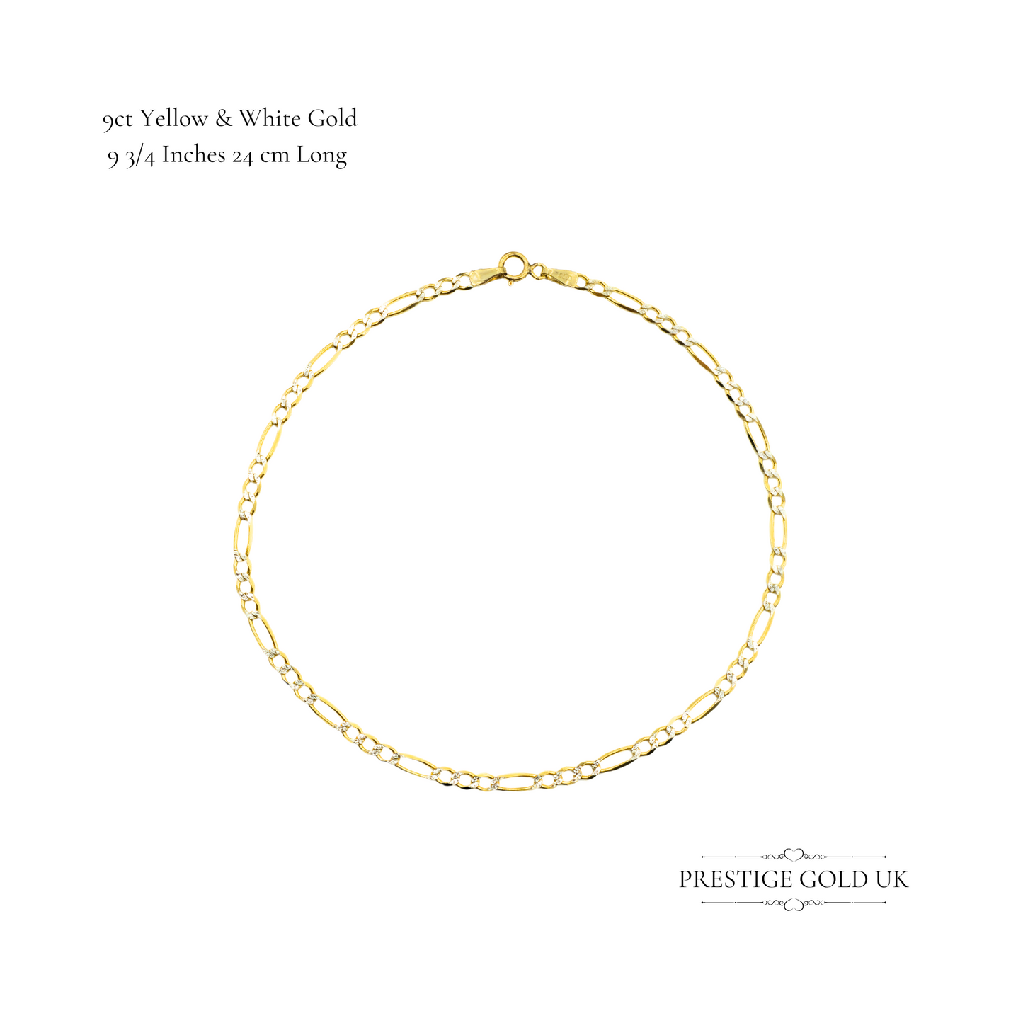 9 3/4" Vintage 9ct Yellow & White Gold Figaro Bracelet Anklet