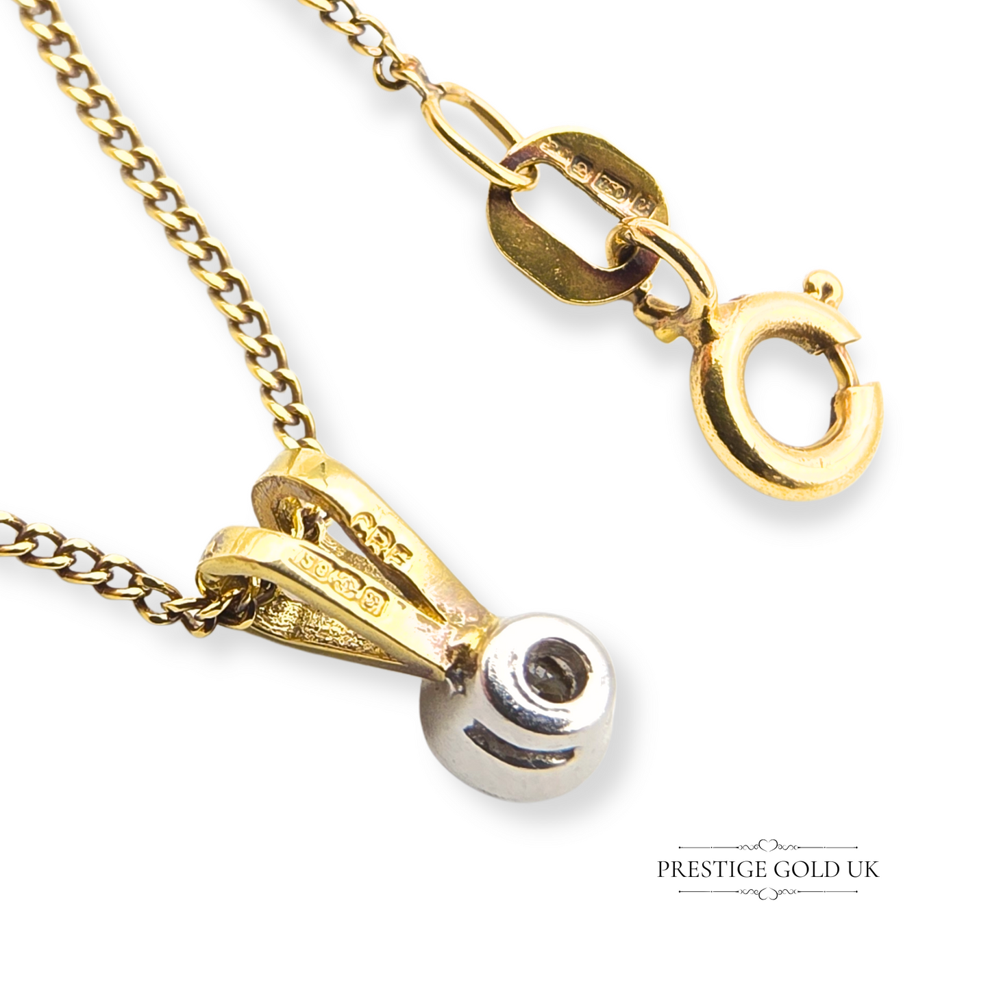 18ct Gold Diamond Pendant 17" Long Curb Chain Necklace, London Hallmark