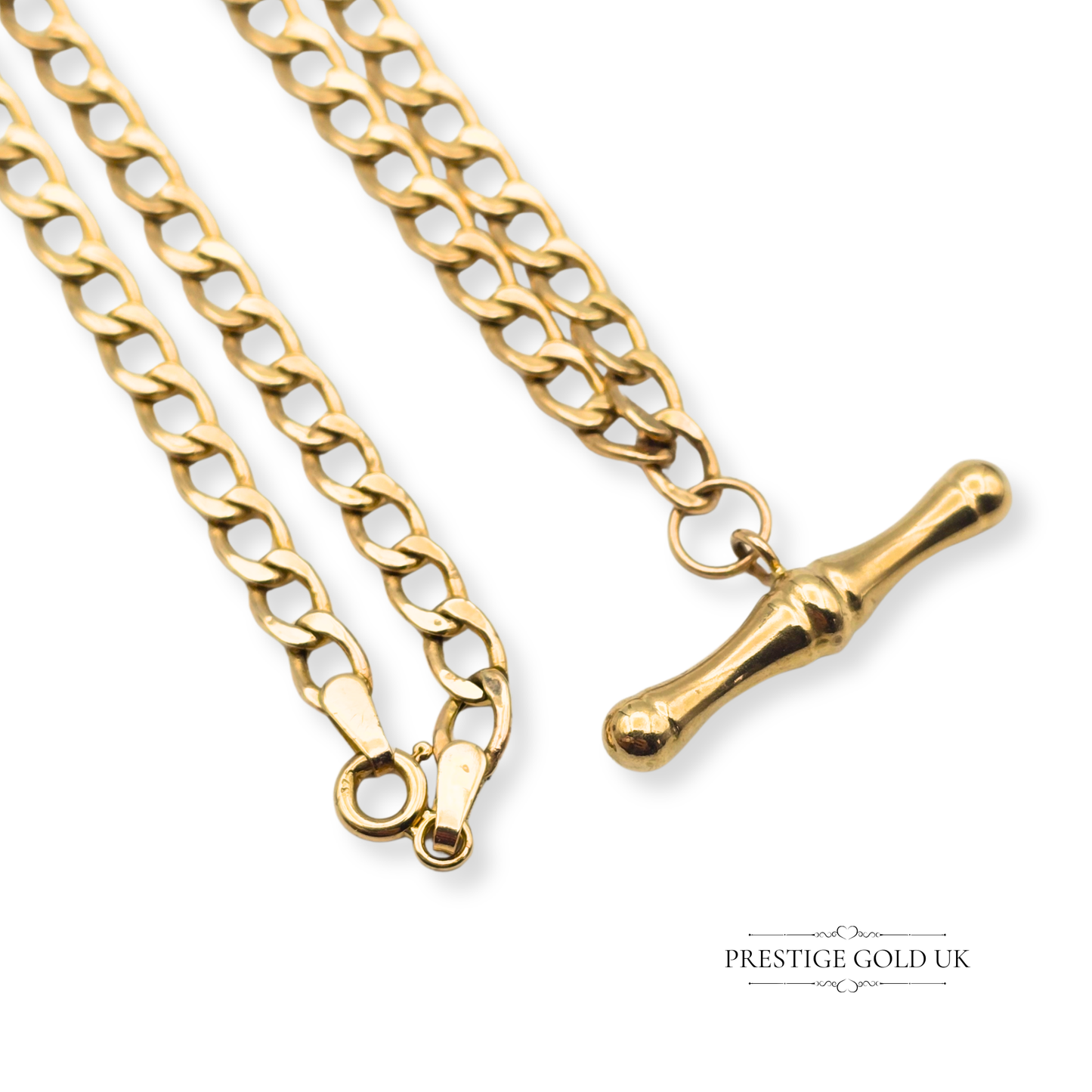18" 9ct Gold Vintage T-Bar Figaro Necklace, Lightweight Hollow Design