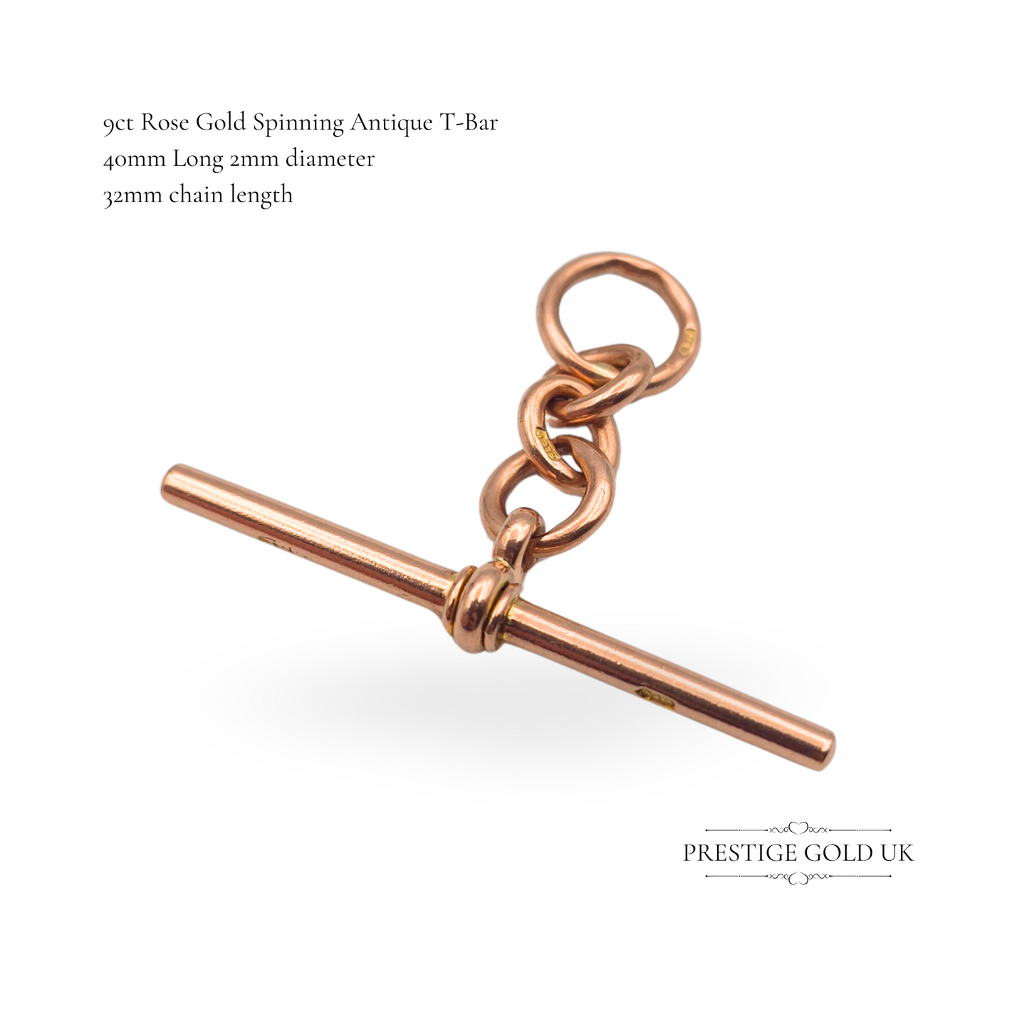 Vintage 9ct Rose Gold Spinning Albert Chain T-Bar With Links