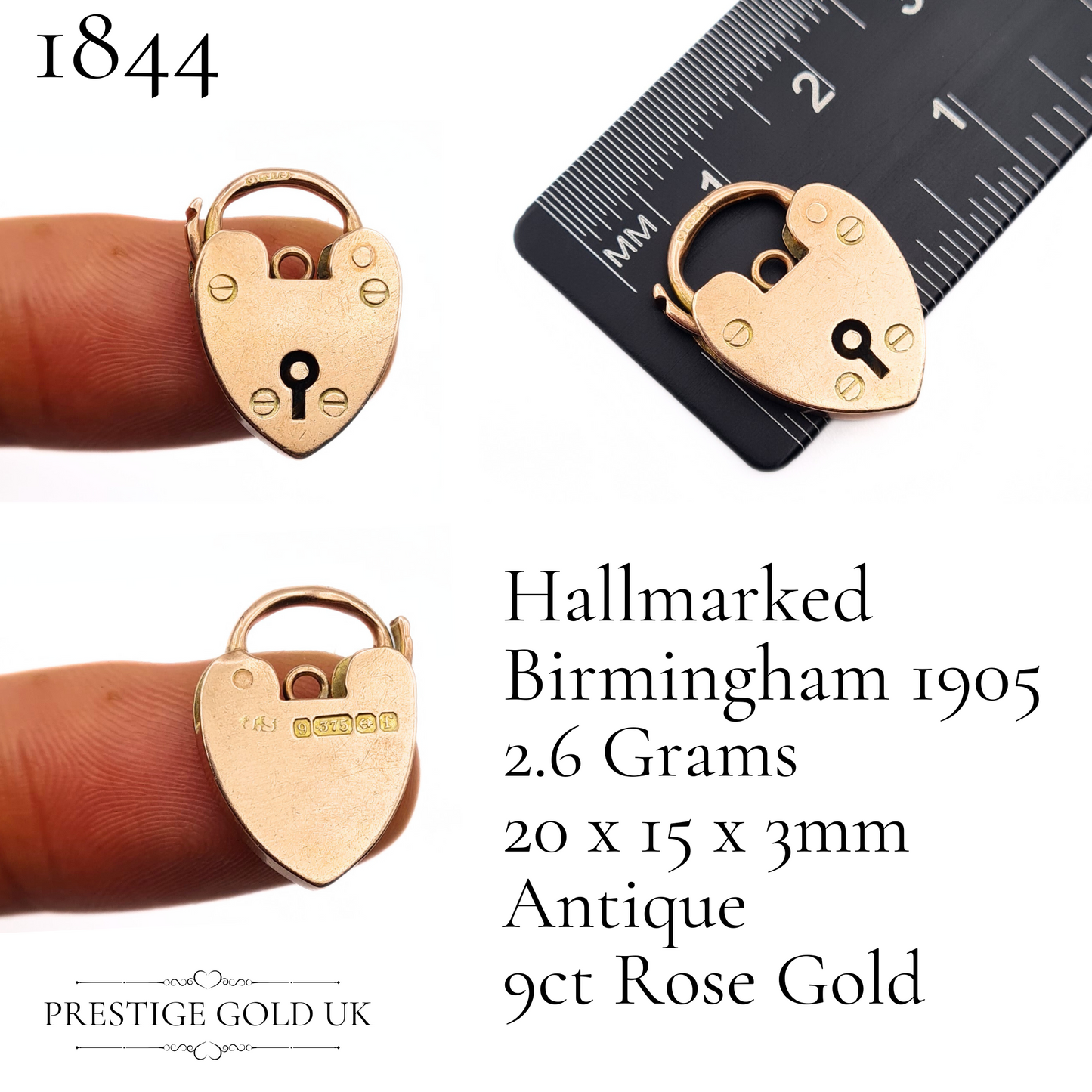 A hand holding the 9ct rose gold padlock charm, illustrating its medium size and solid weight of 2.6 grams.