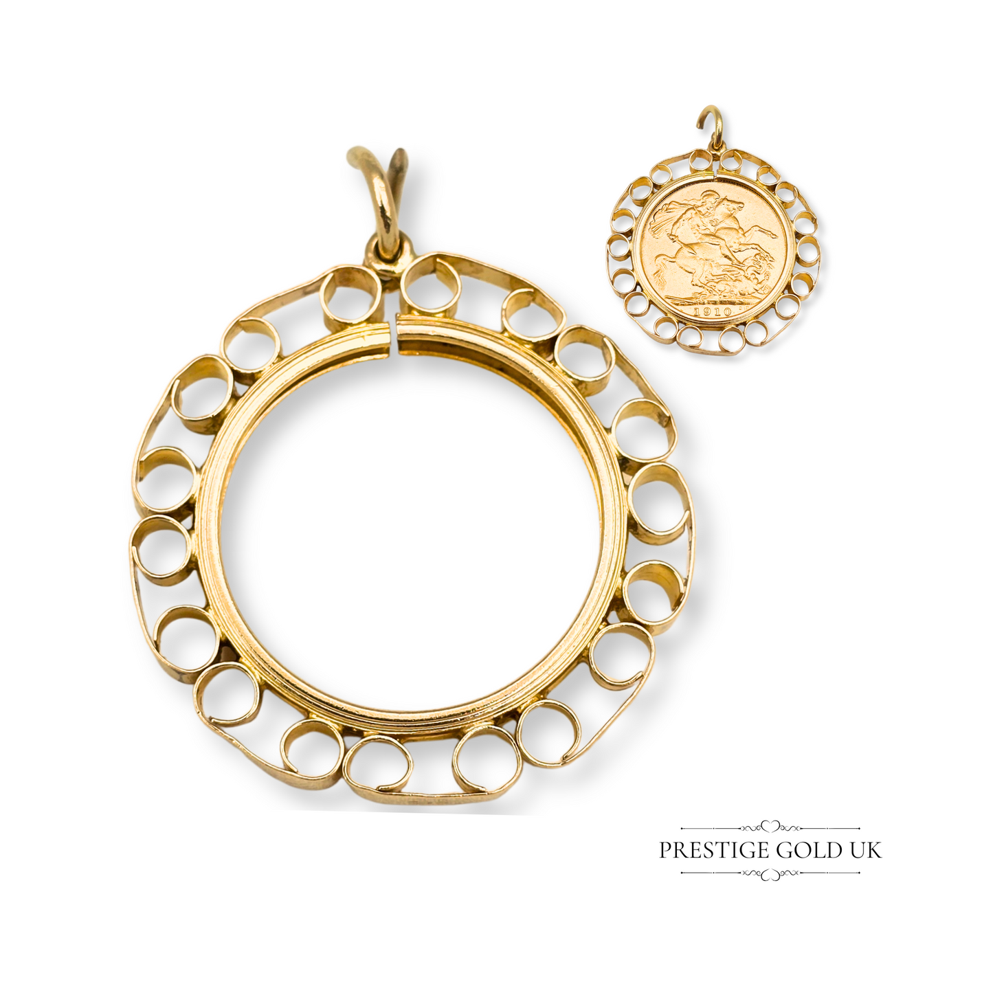 Large 9ct Gold Full Sovereign Coin Holder Pendant, Scroll Edge Coin Bezel