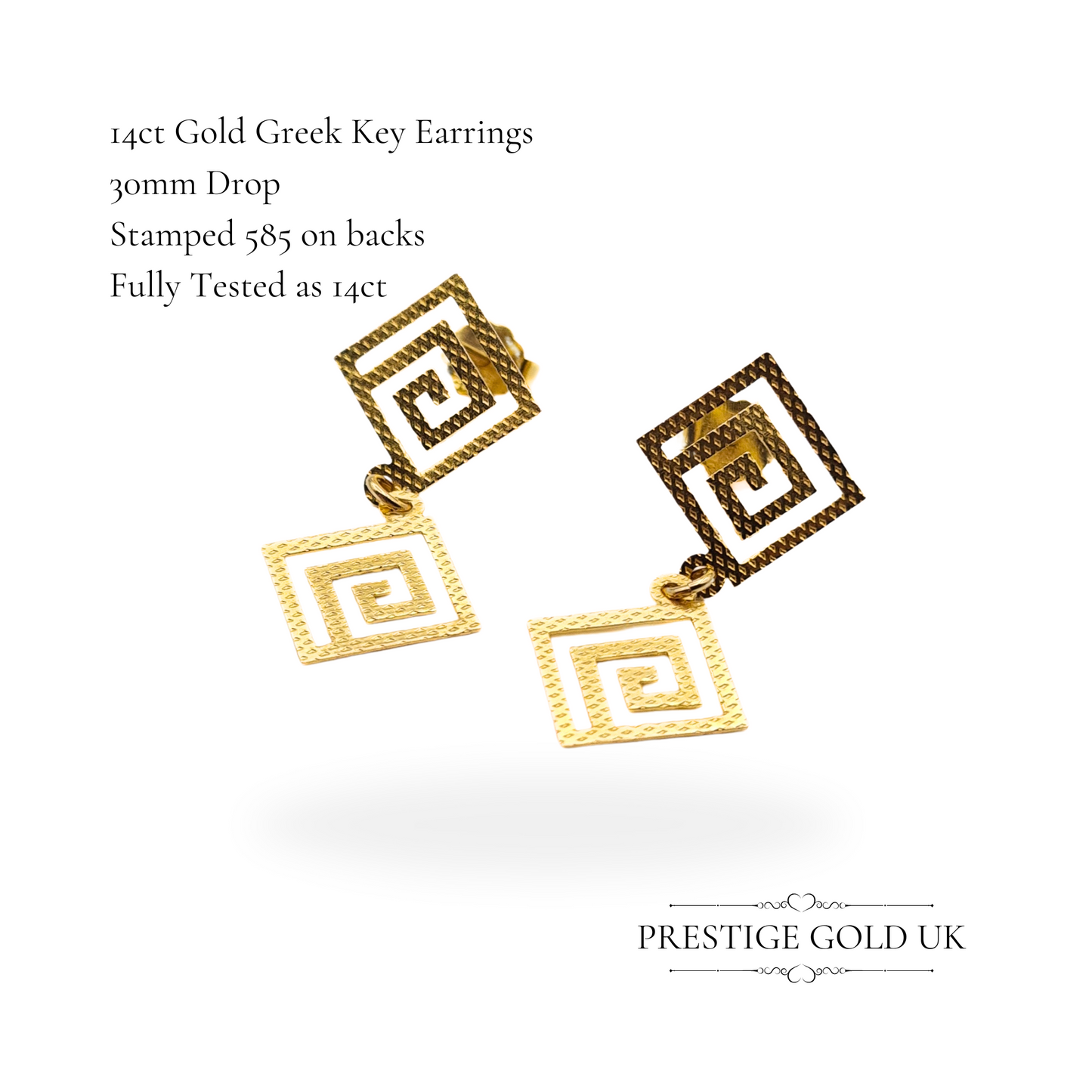 Vintage 14ct Gold Greek Key Dangle Earrings – 30mm Drop, Stamped 585, Lightweight Geometric Design