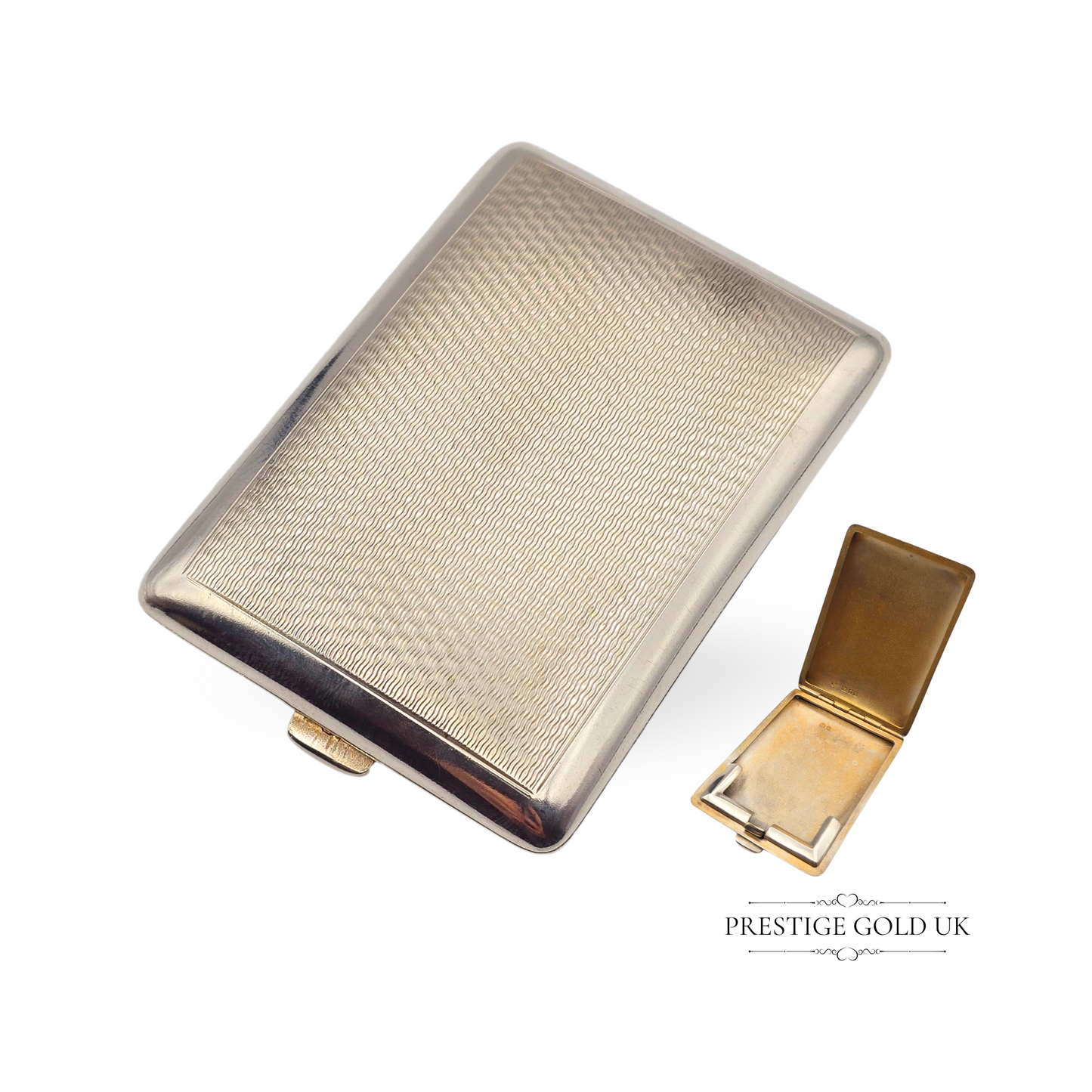 Antique sterling silver cigarette case, 41g, crafted by Goldsmith & Silversmith Co Ltd, hallmarked Birmingham 1918, with gilt interior and engine-turned design, measuring 2½ by 2¾ inches—compact and elegant.