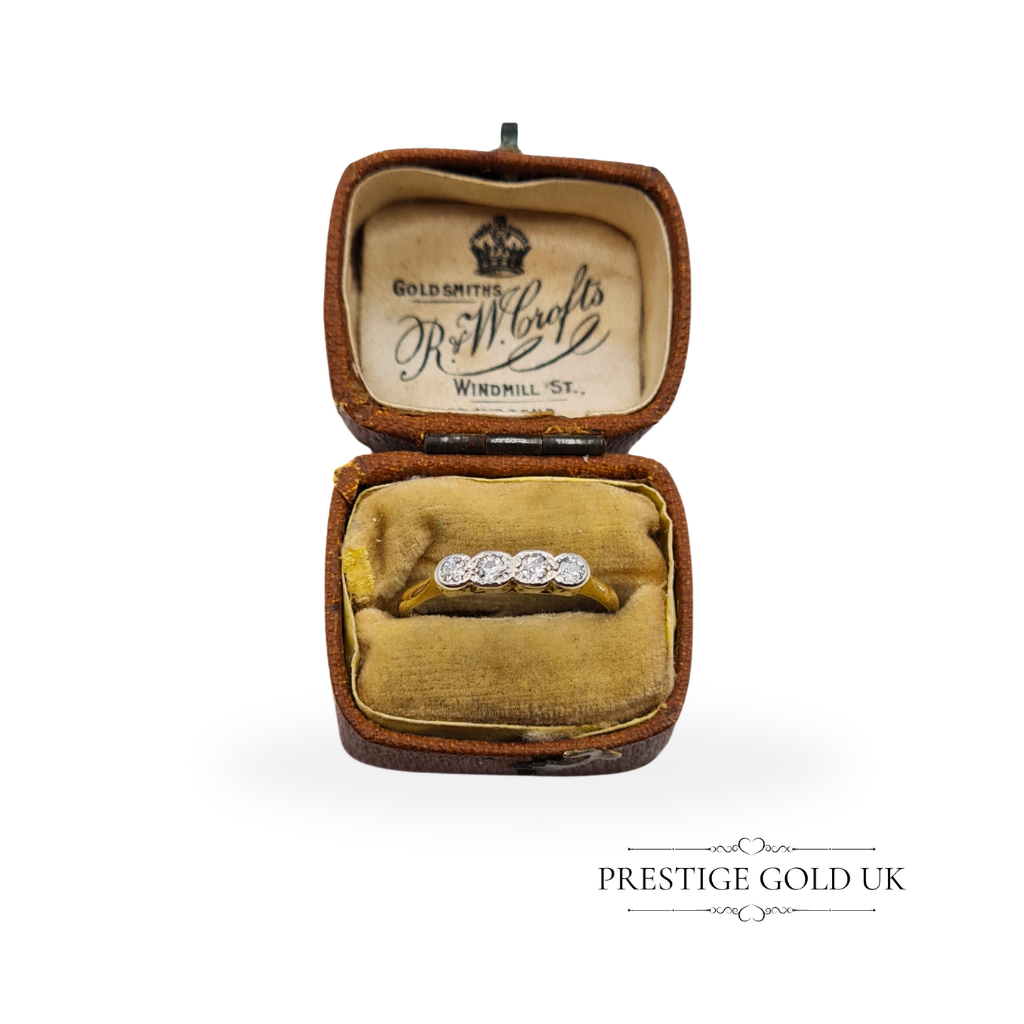 Antique 18ct Gold & Platinum Four Diamond Ring, UK N US 6 3/4 Euro 53.5, Hand Engraved