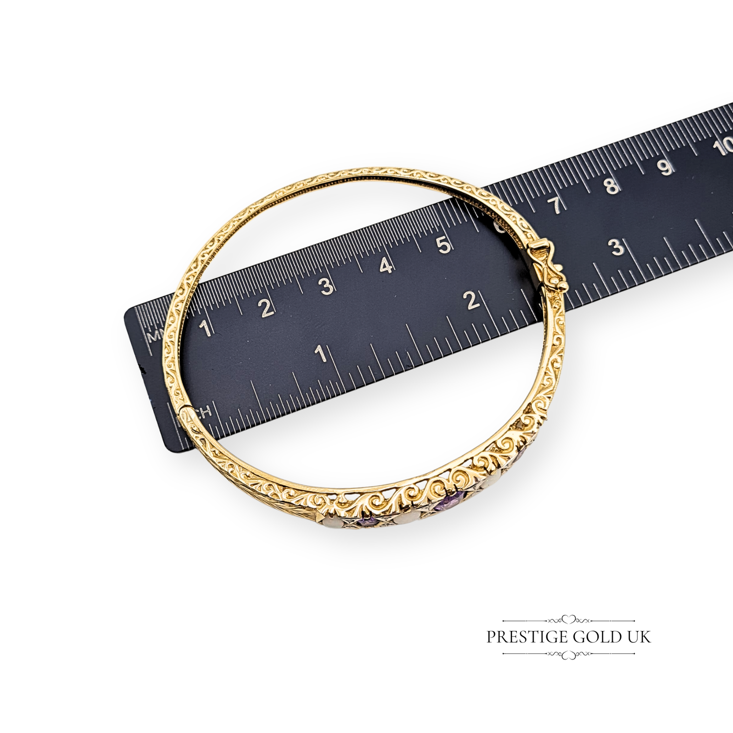 9ct Gold Amethyst Opal Diamond Bangle, 6 1/2" (16cm) 12.73g