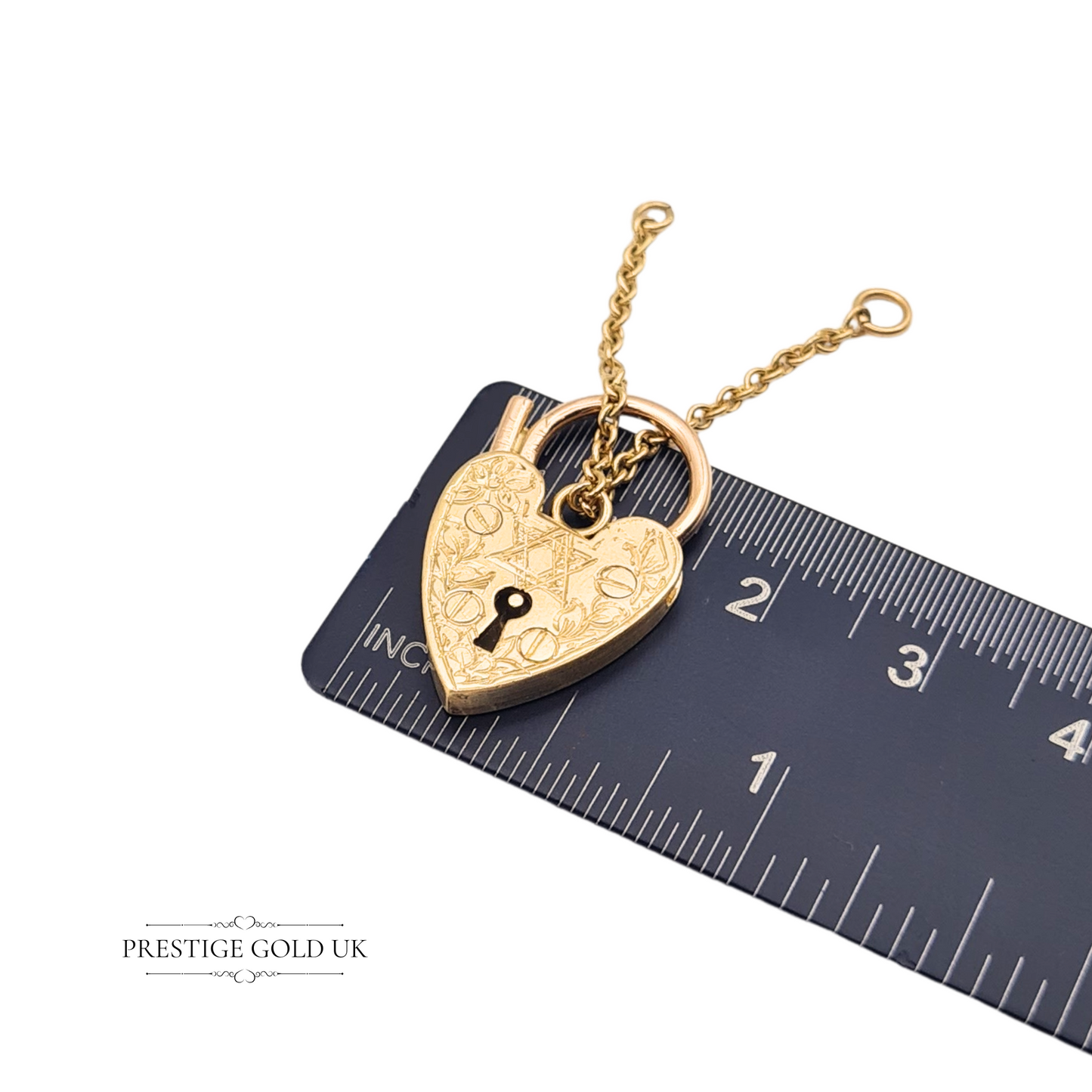 9ct Yellow Gold Heart Padlock Hand Engraved Star of David Safety Chain 1967
