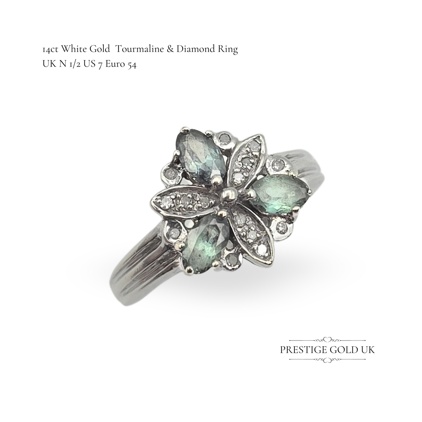 Vintage 14ct White Gold Tourmaline & Diamond Ring - UK N 1/2, US 7 - CLEARANCE