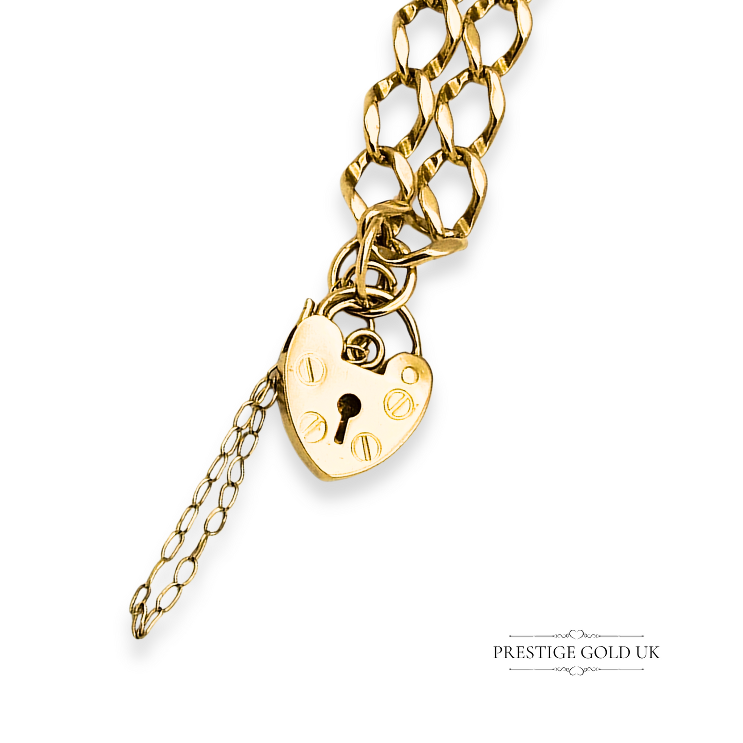 7" Long 9ct Gold Heart Padlock Bracelet, Small Heart Padlock Clasp