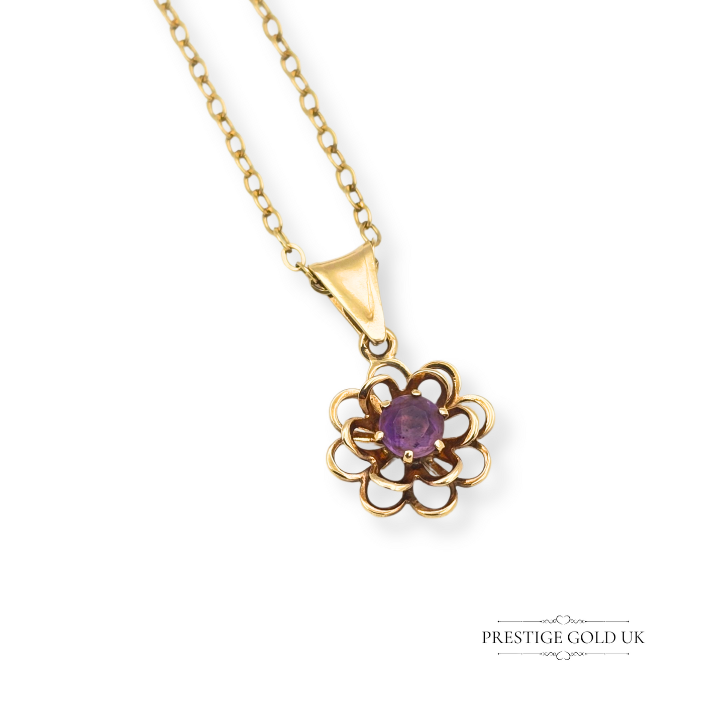 9ct Gold Floral Amethyst Pendant Necklace 18" Chain