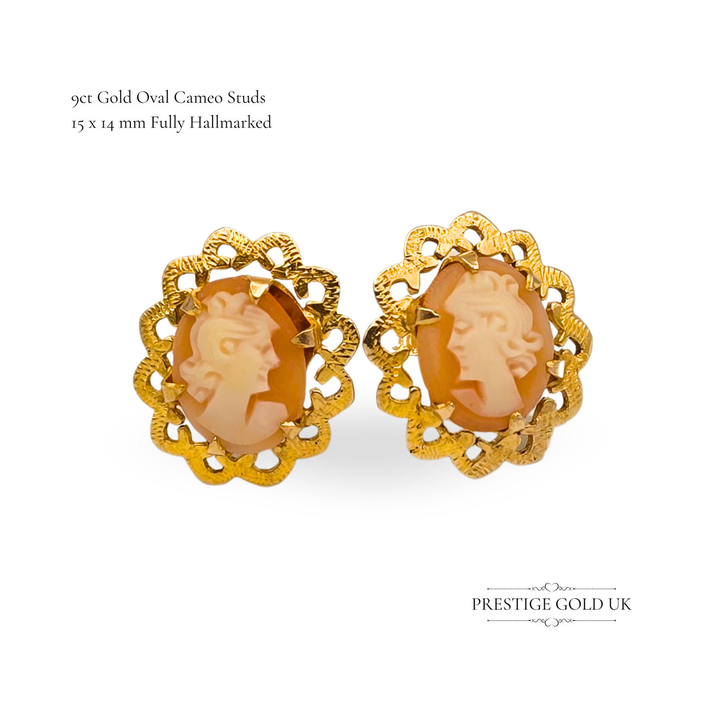 9ct Gold Oval Cameo Earrings, 1989 Birmingham Hallmark, Ornate Oval Shell Studs