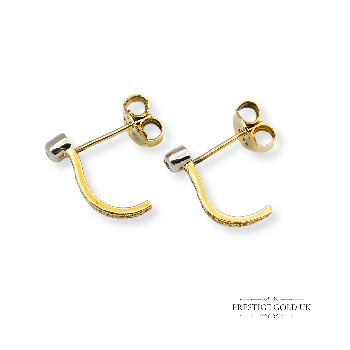 14ct Gold Diamond Half Hoop Earrings, J Shape Design with White Gold Detail