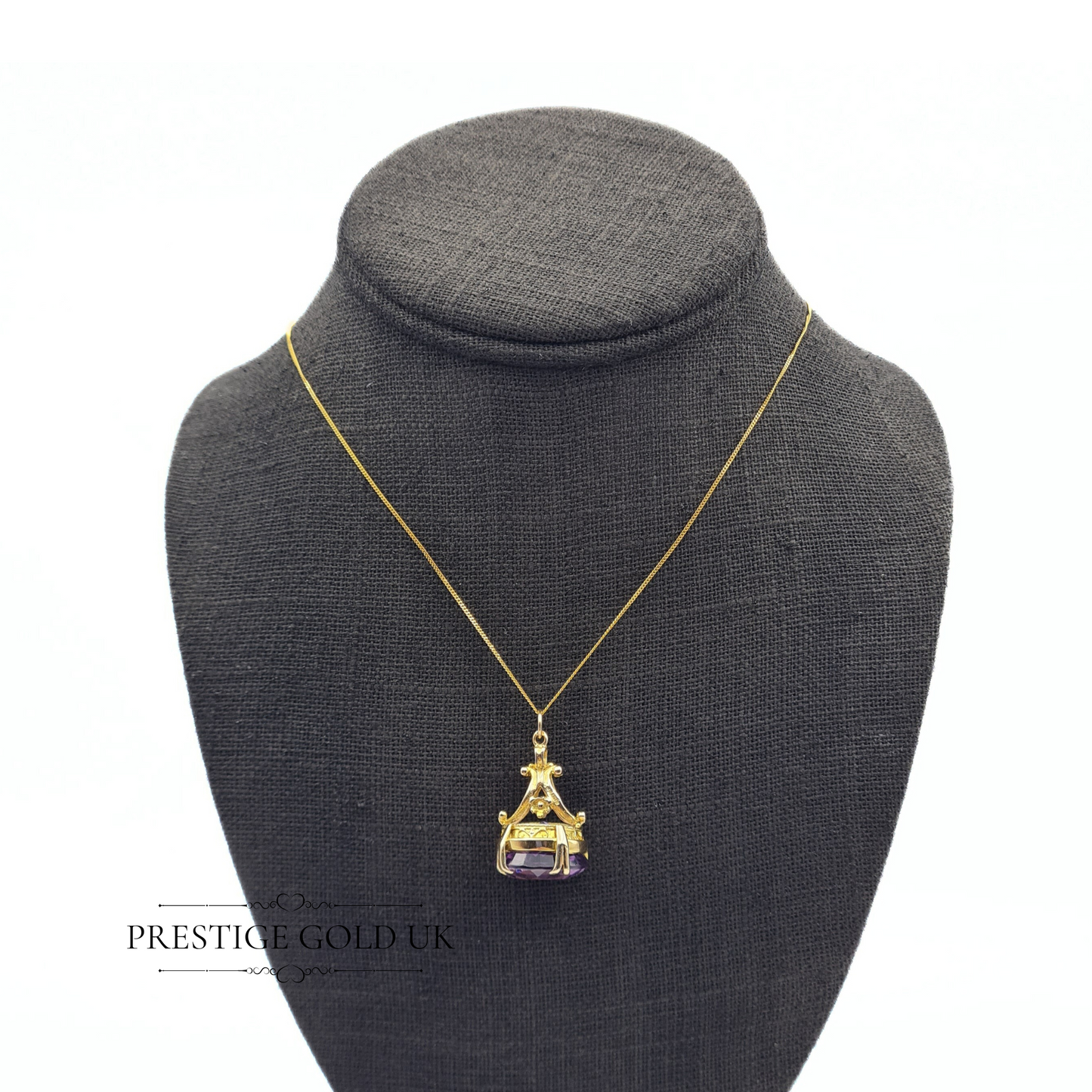 Gold Amethyst Fob 9ct - Ornate Round Amethyst Fob - Purple Amethyst Pendant