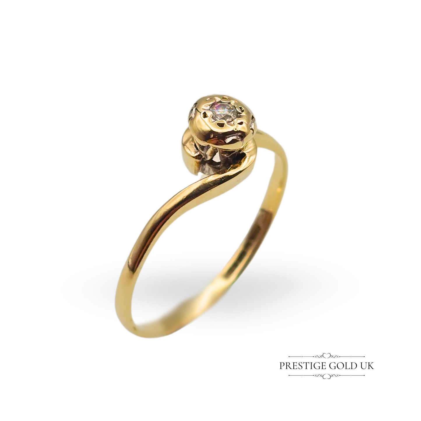 9ct Gold Bezel Set Diamond Twist Ring - Size UK N 1/2, US 6 3/4