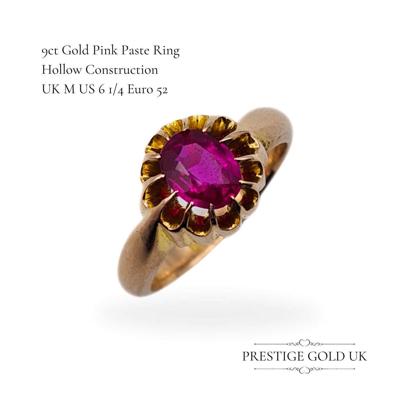 Vintage 9ct Gold Pink Oval Cut Paste Gypsy Ring - Size UK M US 6 1/4 Euro 52