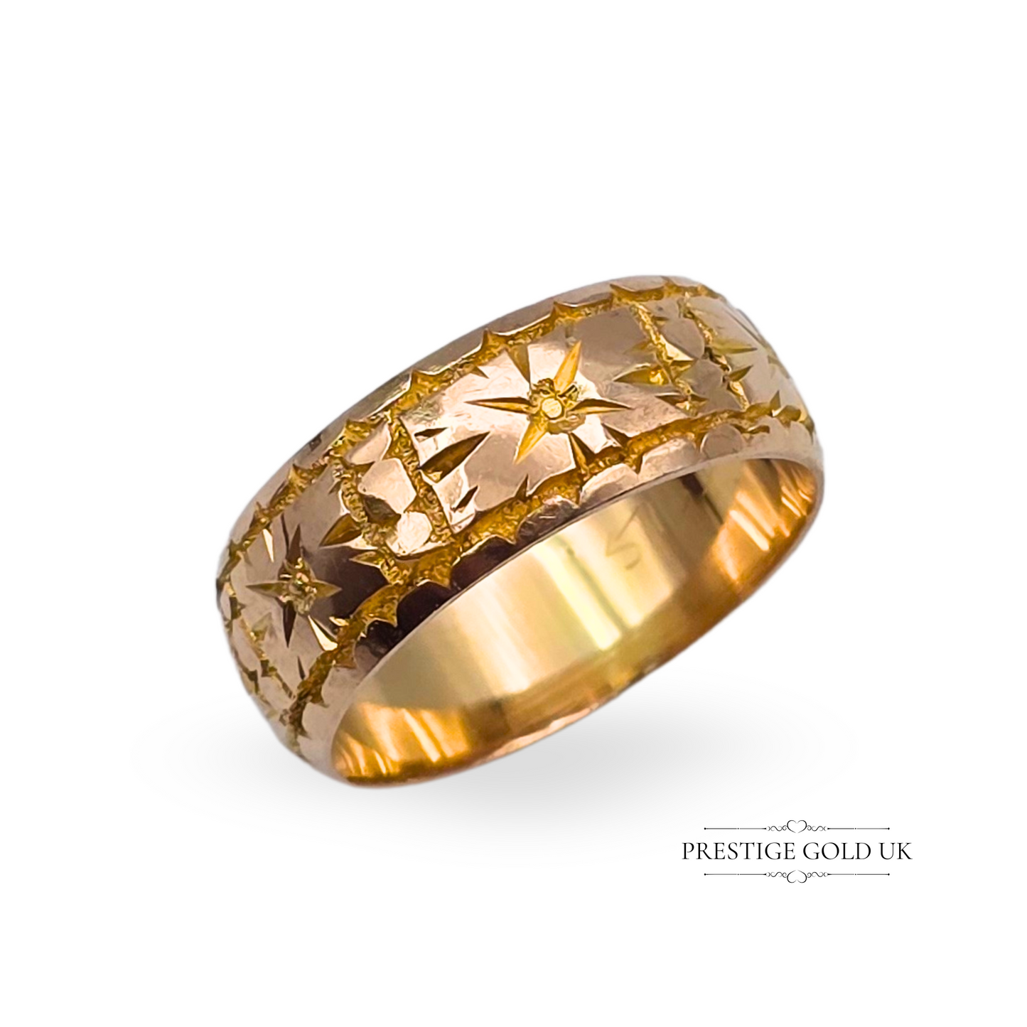Antique 1916 9ct rose gold ring with hand-engraved star pattern design, 7mm wide band, fully hallmarked in Birmingham, UK size N 1/2, vintage wedding or stacking ring.