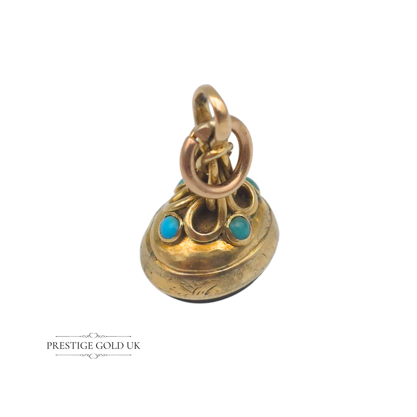 Antique 9ct Gold Bloodstone Fob Pendant with Turquoise Inlay