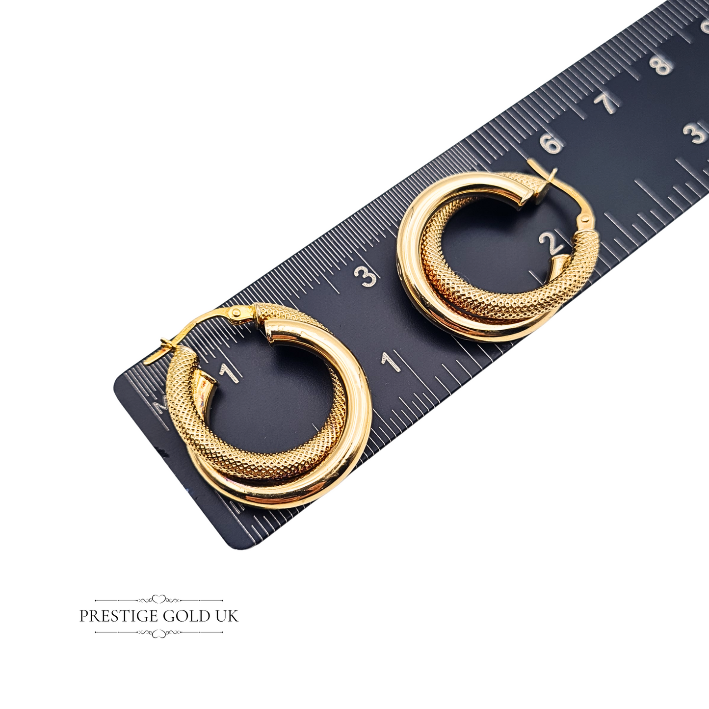 9ct Gold Interlocking Hoop Earrings, Textured & Smooth Finish, Hollow Flip Tops
