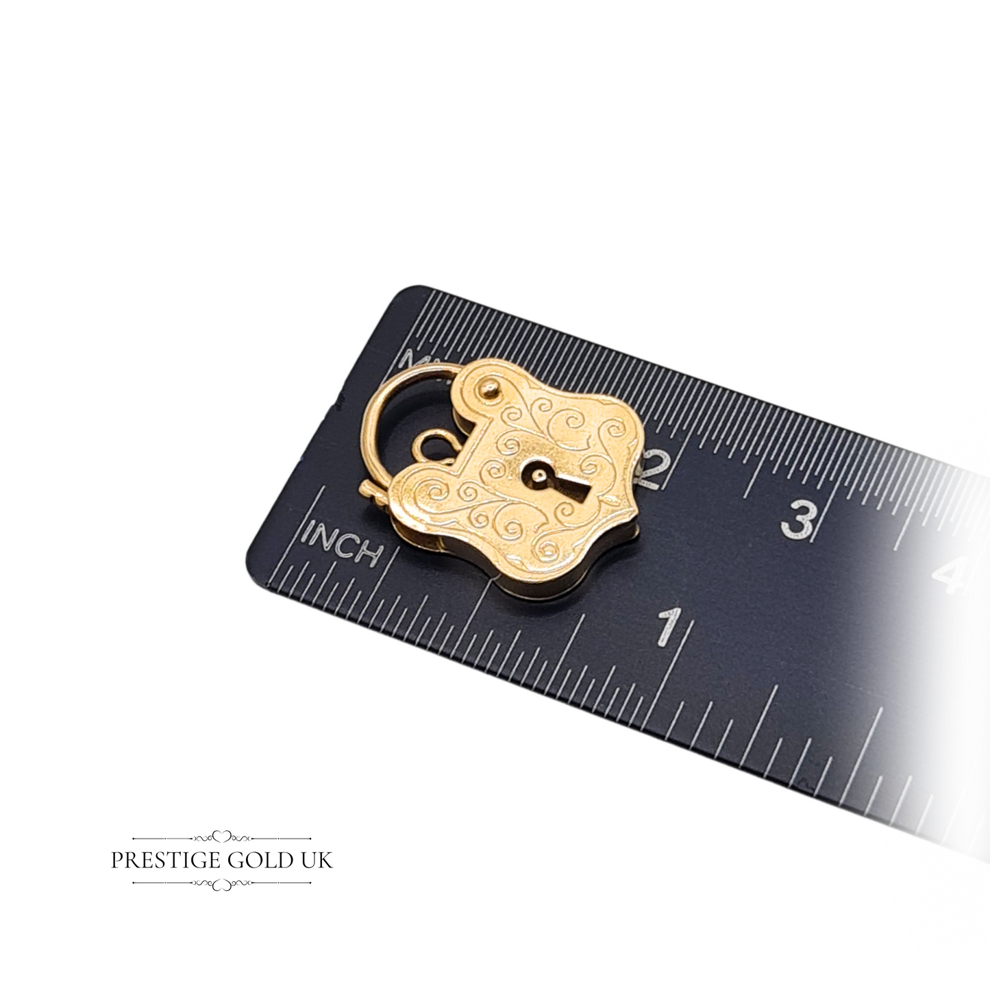9ct Gold Shield Padlock Charm, Scroll Engraved Opening Shield Pendant