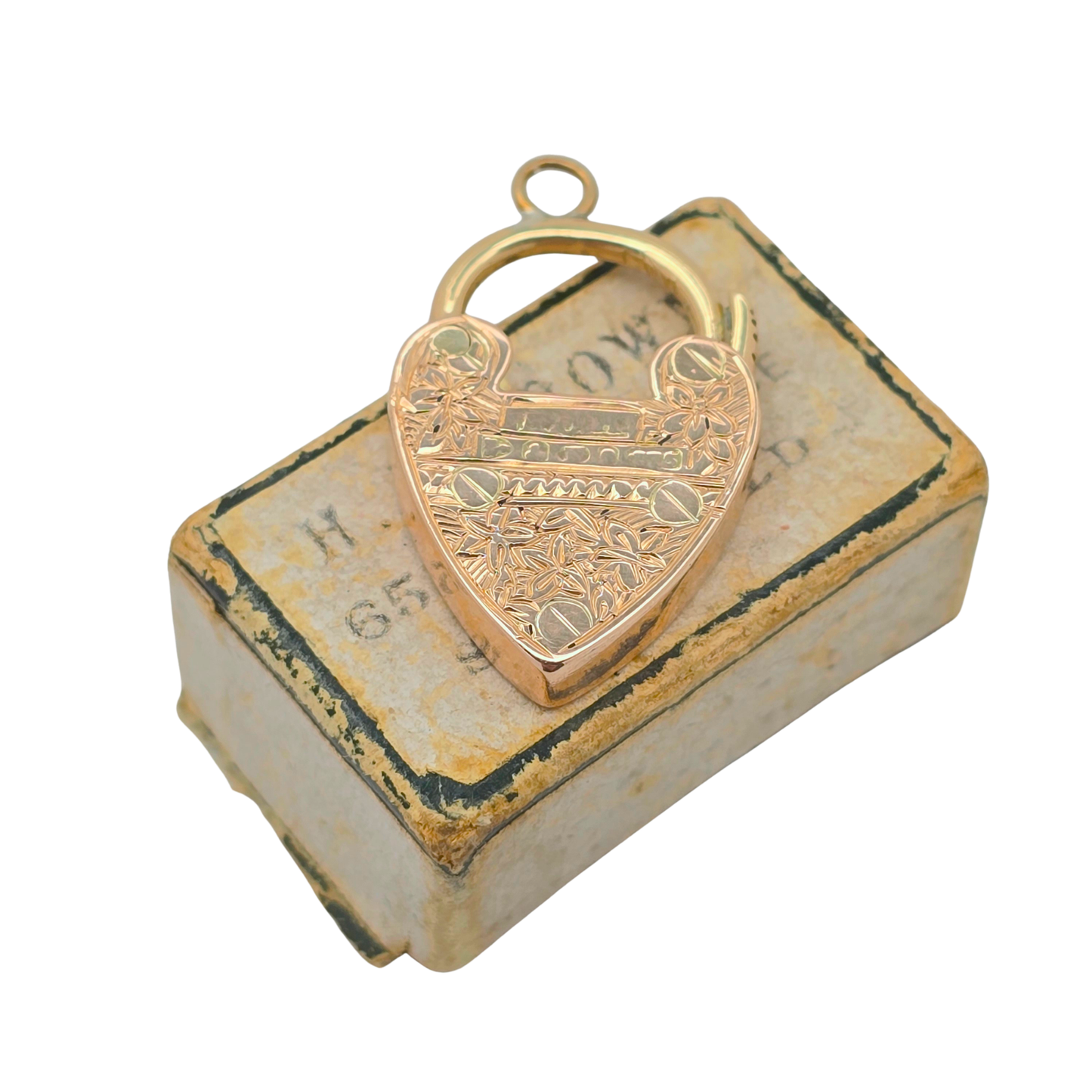 Antique Rose Gold Heart Padlock Clasp, Hand Engraved Chester Hallmark