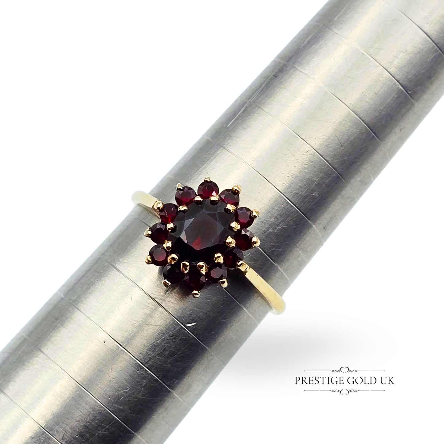 Reserved 9ct Gold Garnet Cluster Ring, 1973, UK S / US 9, Red Gem Floral Design