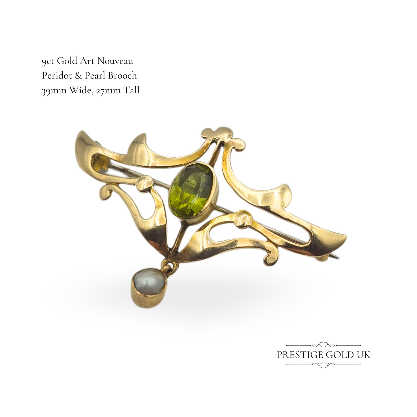 Antique 9ct Gold Art Nouveau Peridot & Pearl Brooch
