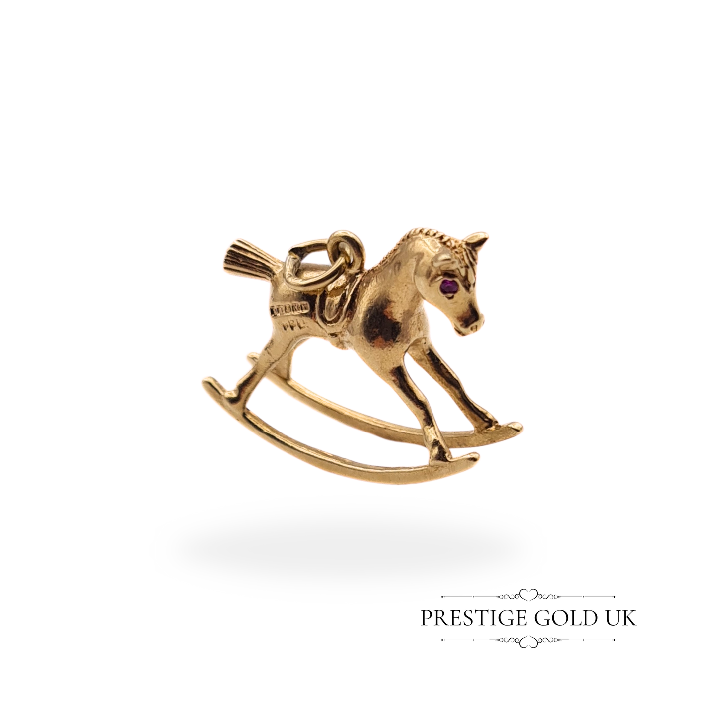Vintage 9ct Gold Solid Rocking Horse Charm with Red Stone Eyes