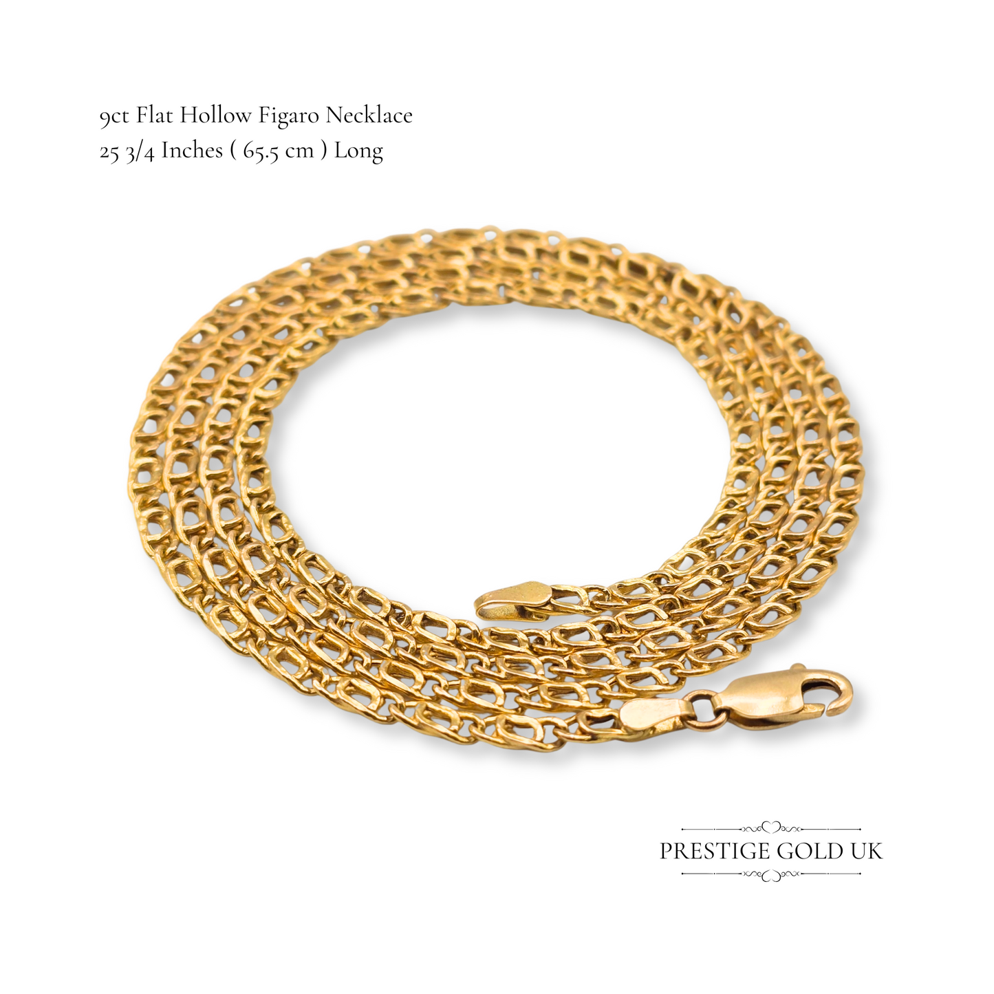 25" Long 9ct Gold Figaro Chain Necklace, Lightweight Hollow Gold Link