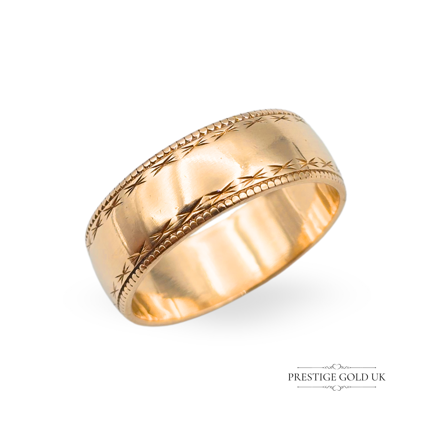 9ct gold engraved wedding ring with 6mm wide band, hallmarked London 1992, UK J US 5, vintage gold pinky ring with milgrain and crosshatch detail