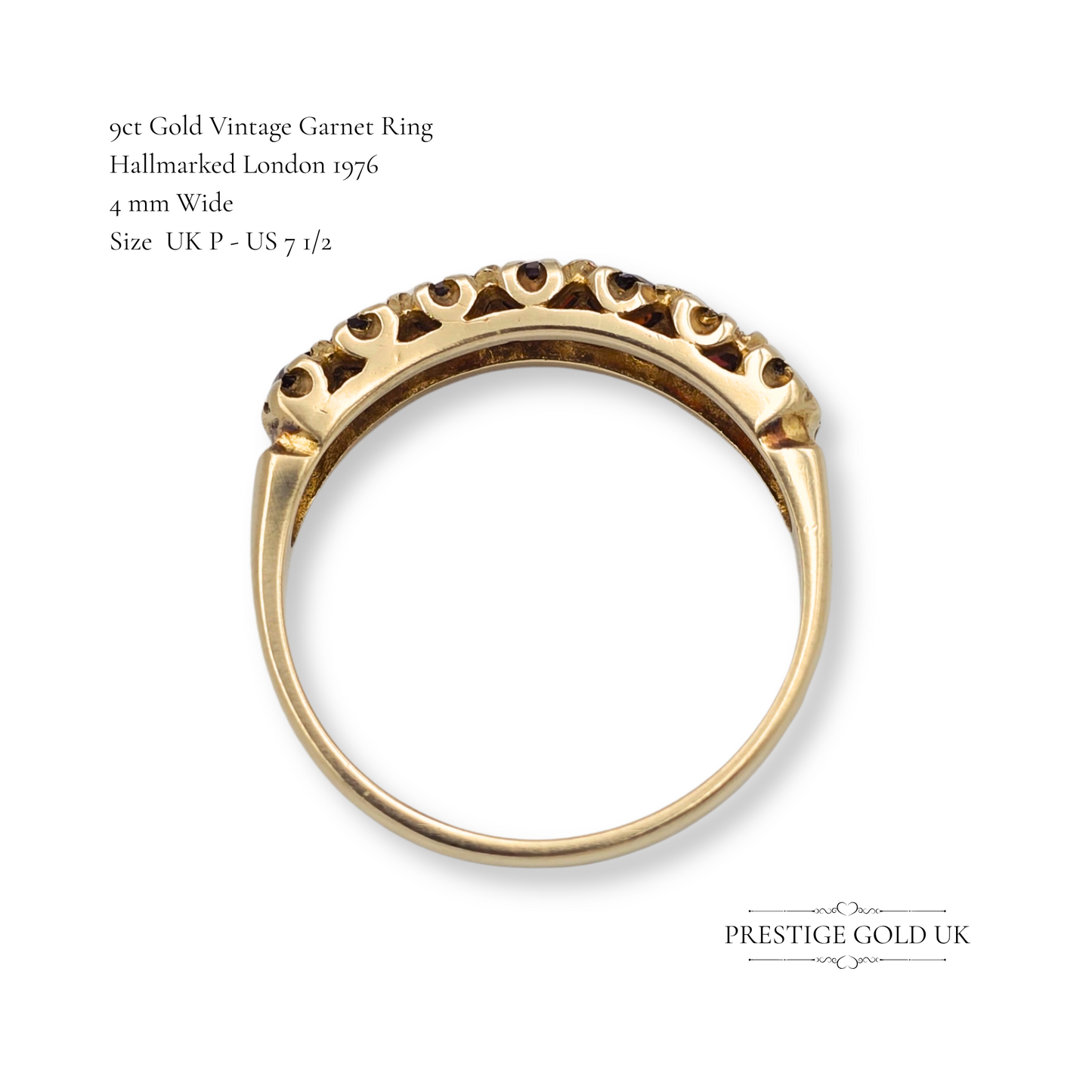 9ct Gold Garnet Half Eternity Ring, Set with Seven Stones Size UK P - US 7 1/2
