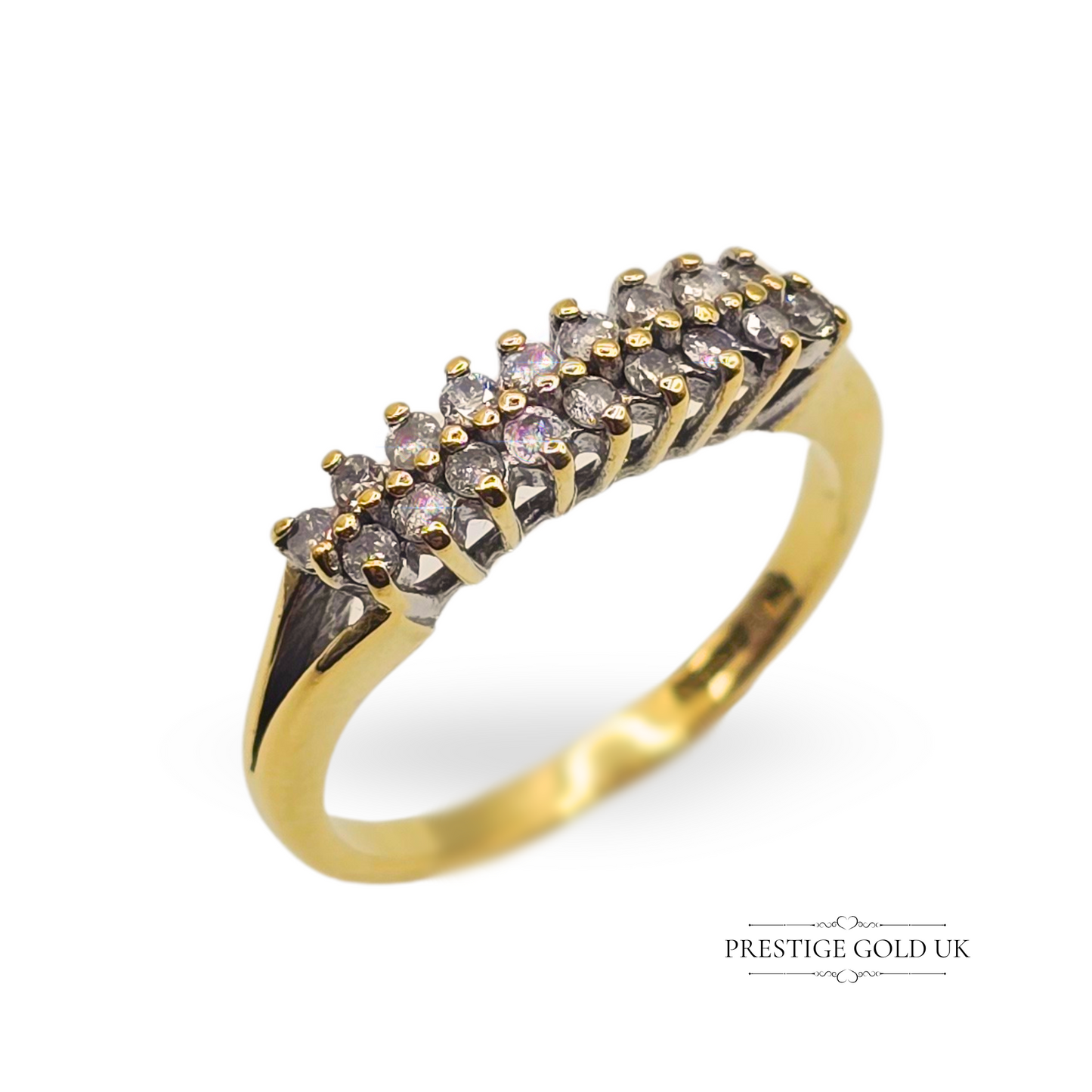 18ct Gold & Diamond Twin Row Ring - Paved Diamond Split Ring Size UK O 1/2 - US 7 1/2