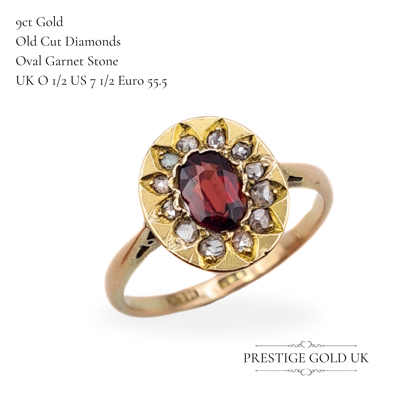 Antique 9ct Gold Garnet & Old Cut Diamond Ring - UK O 1/2 US 7 1/2 Euro 55.5