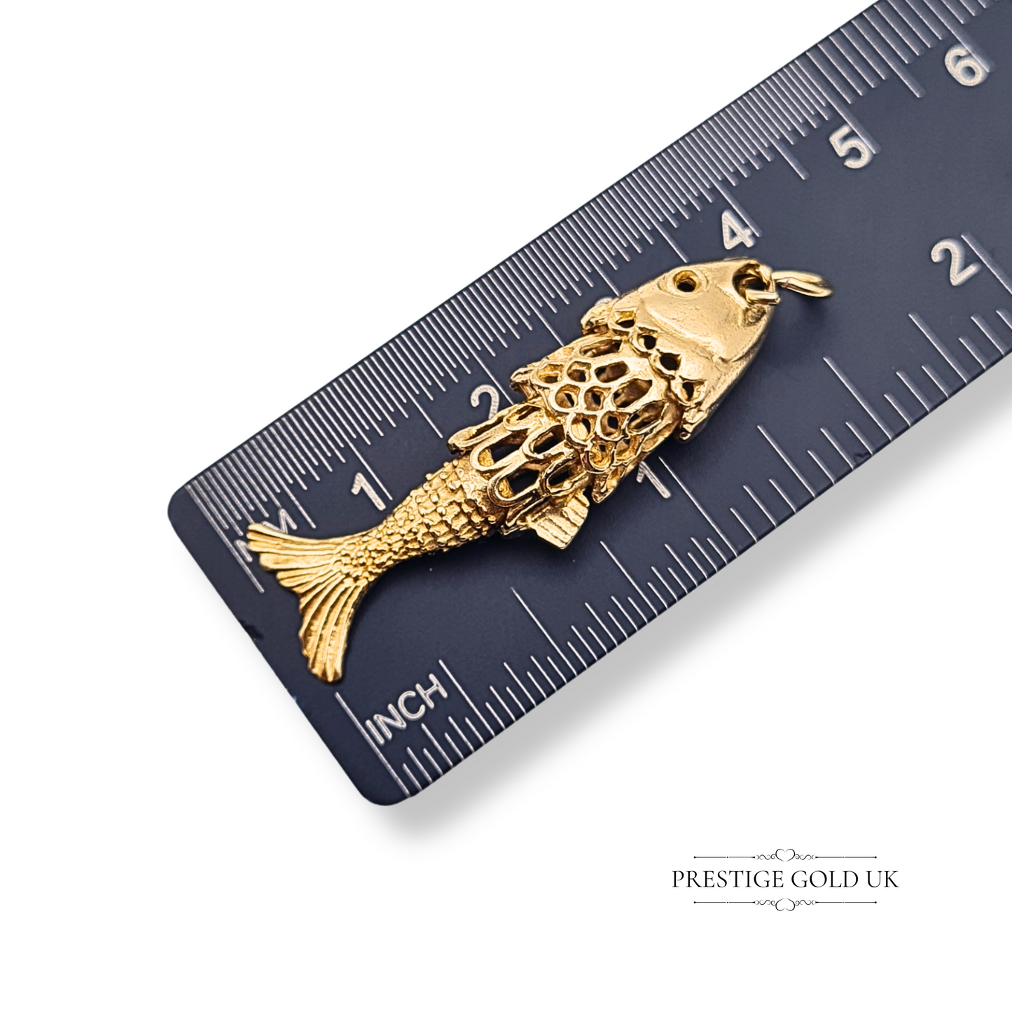 Large 9ct Gold Moving Fish Pendant, Articulating Fish Charm Hallmarked London 70's