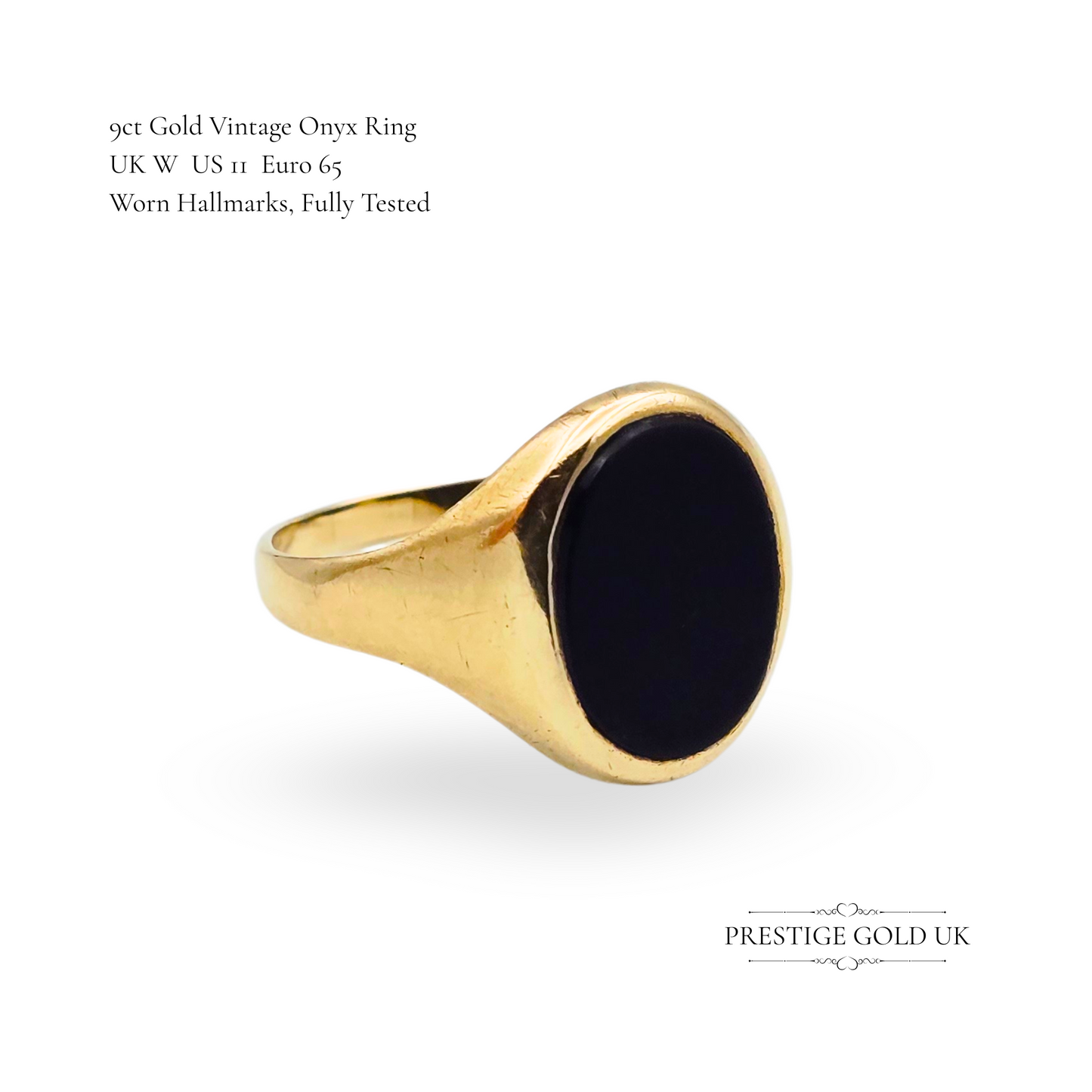 9ct Gold Onyx Signet Ring, UK W / US 11, Large Oval Onyx Stone Ring