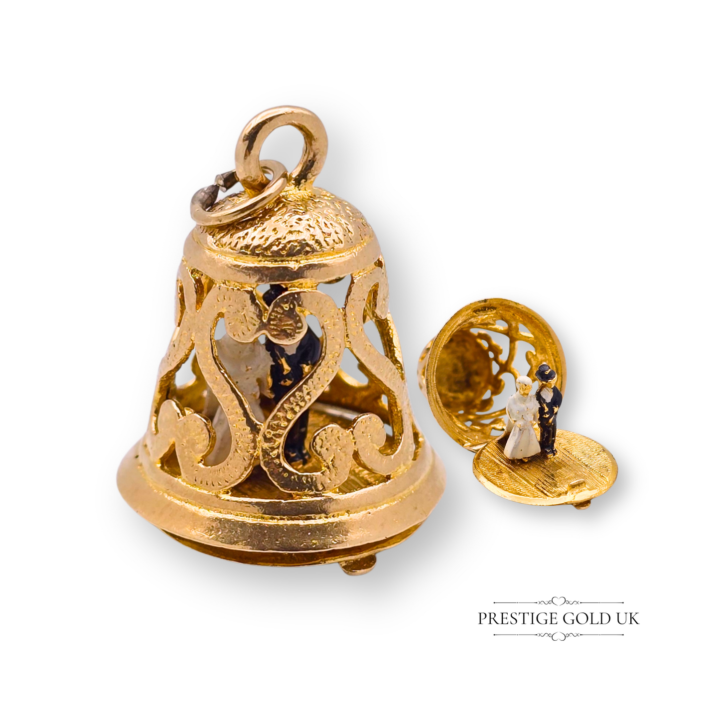 Large 9ct Gold Opening Wedding Bell Charm With Bride & Groom