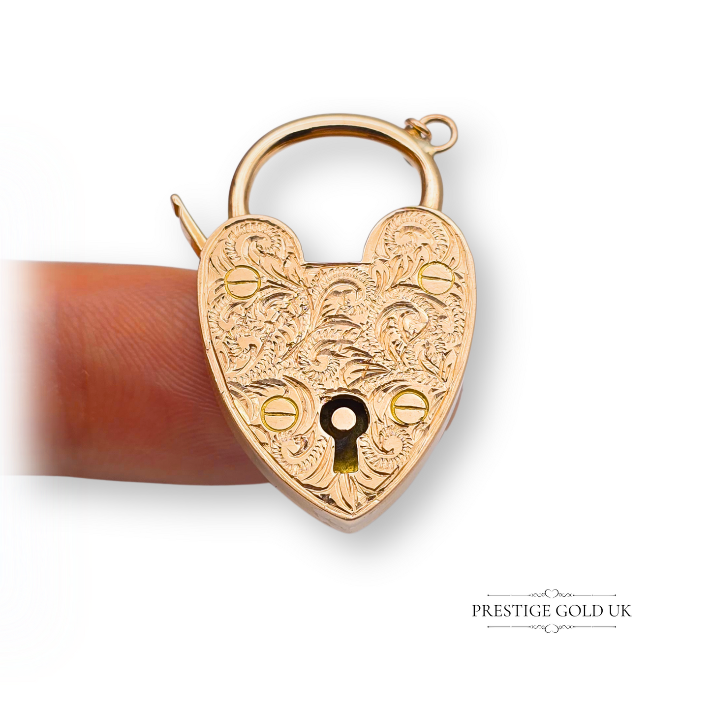 Huge Antique 9ct Rose Gold Hand Engraved Heart Padlock Charm Or Pendant