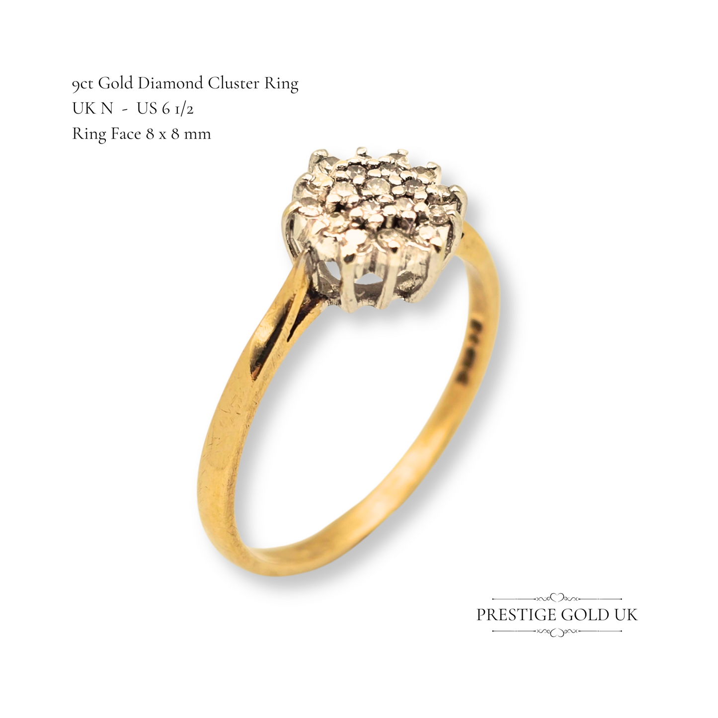9ct Gold Diamond Cluster Ring, Dainty Engagement Ring Size UK N - US 6 1/2
