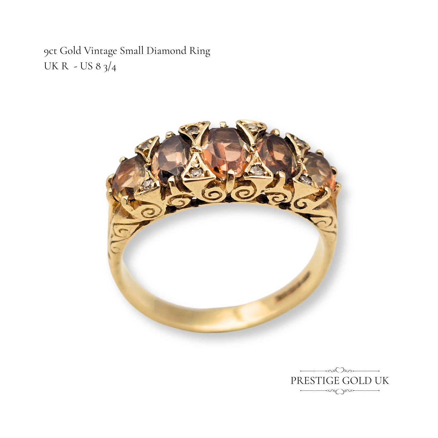 9ct Gold Multistone Smokey Quartz & Diamond Ring, UK R - US 8 3/4